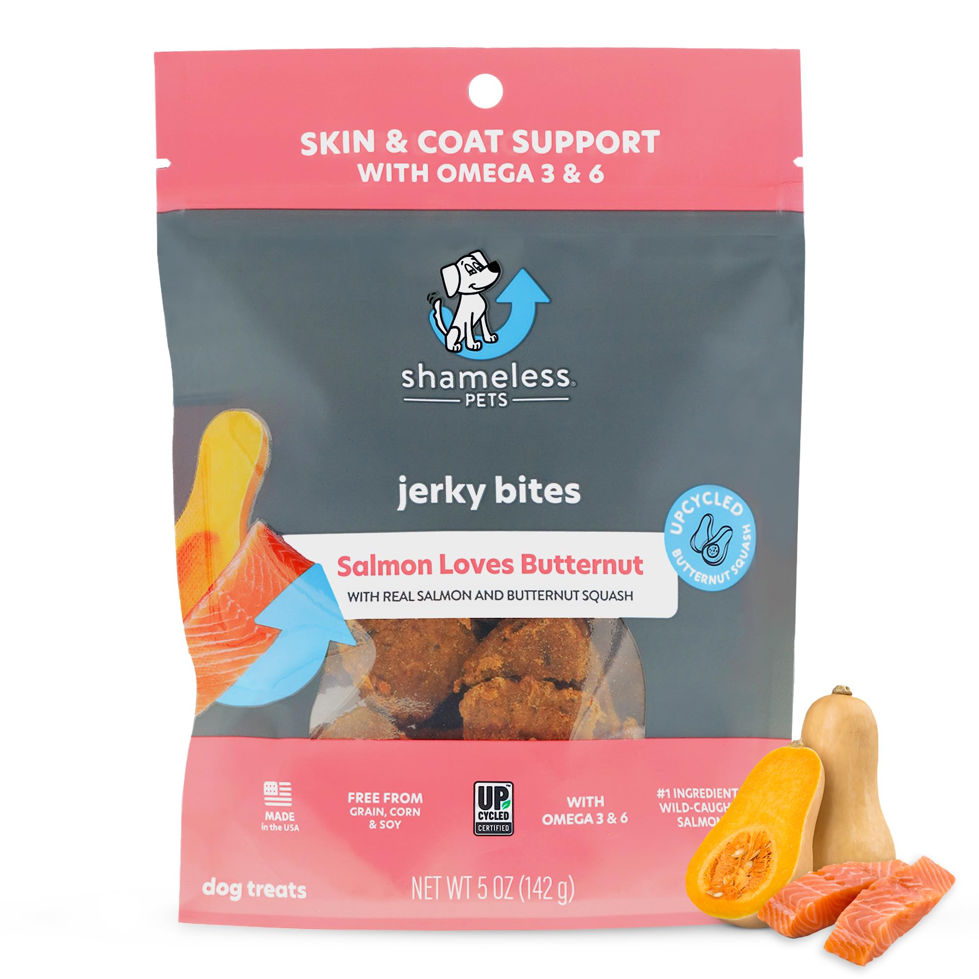 Shameless Pets Jerky Dog Treats, Salmon Loves Butternut - Healthy Dog Chews for Dogs Skin & Coat with Omega 3 & 6 - Dog Treats w