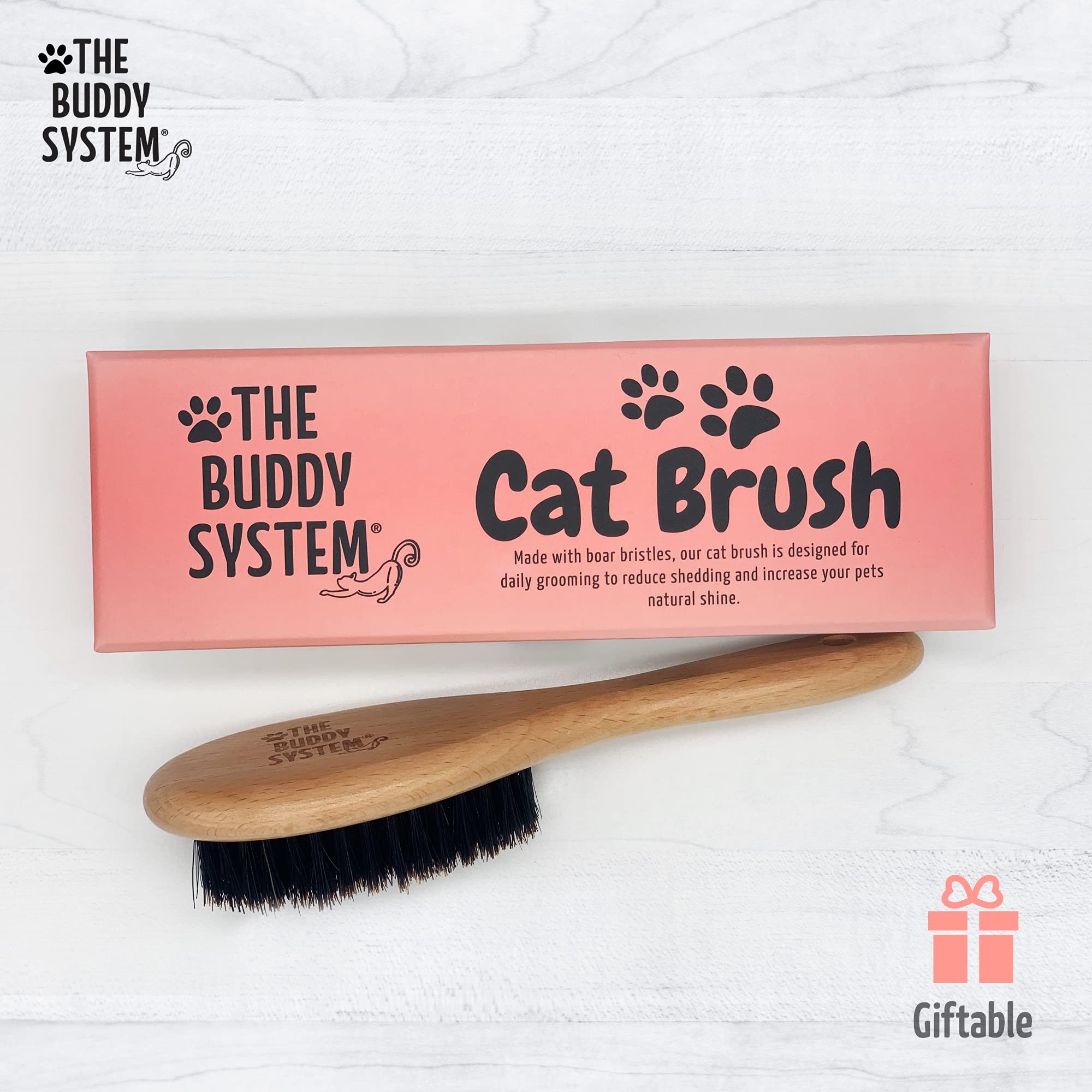 The Buddy System Cat Brush - Boar Bristle Grooming Hairbrush, Reduces Shedding, 1 Pack, Brown