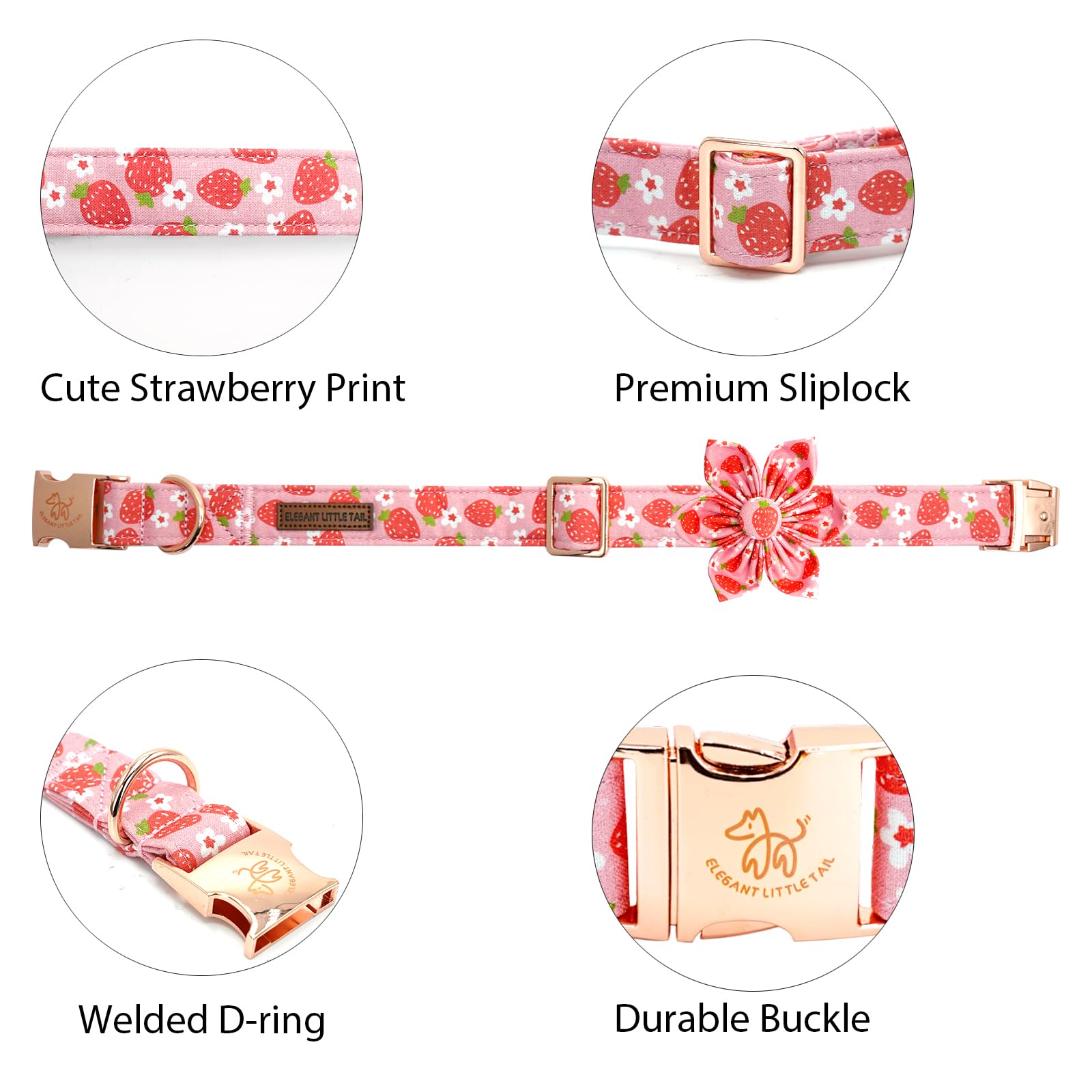 Elegant Little Tail Spring Dog Collar, Strawberry Print Cotton Soft Medium Dog Collar With Removable Flower Decoration, Fits Nec