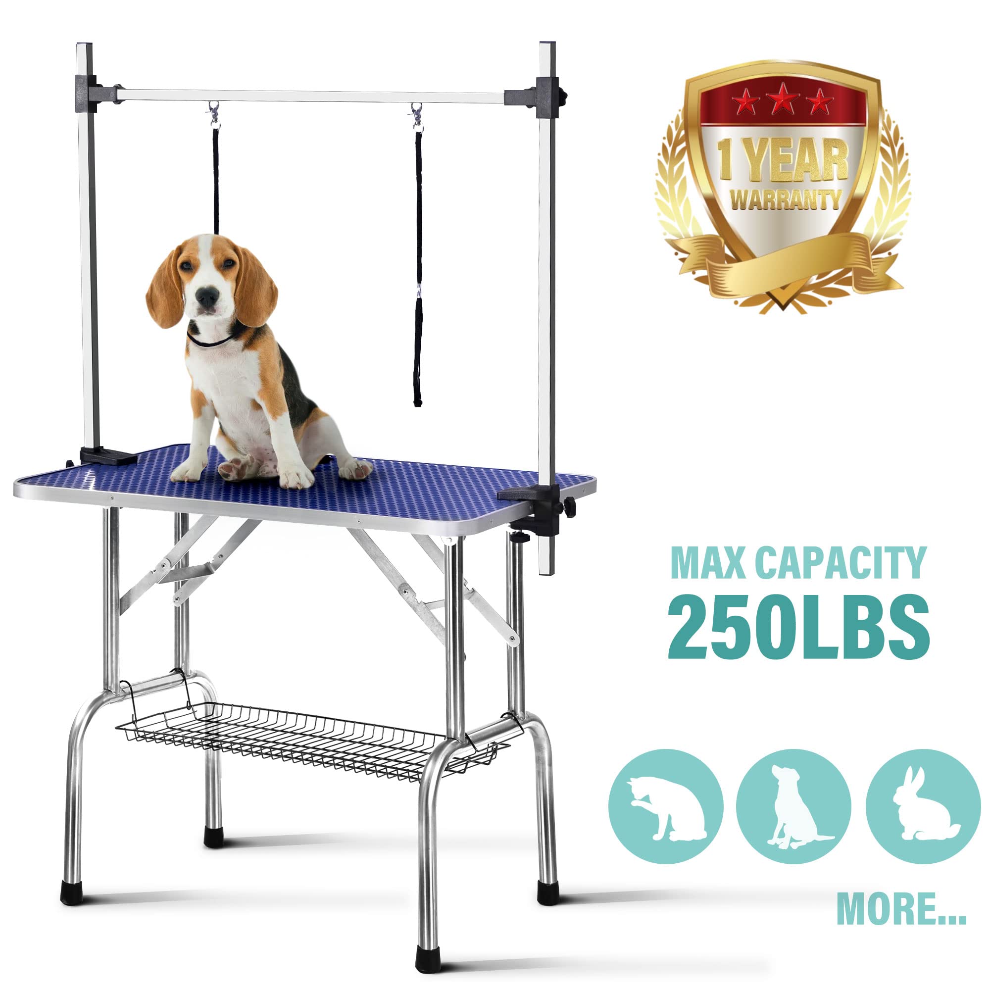 Rhomtree Professional 46' Adjustable Pet Grooming Table Heavy Duty With Arm & Nosse & Mesh Tray For Large Dog Cat Shower Table Bath Station, Maximum Capacity Up To 330 Lbs (46 Inch)
