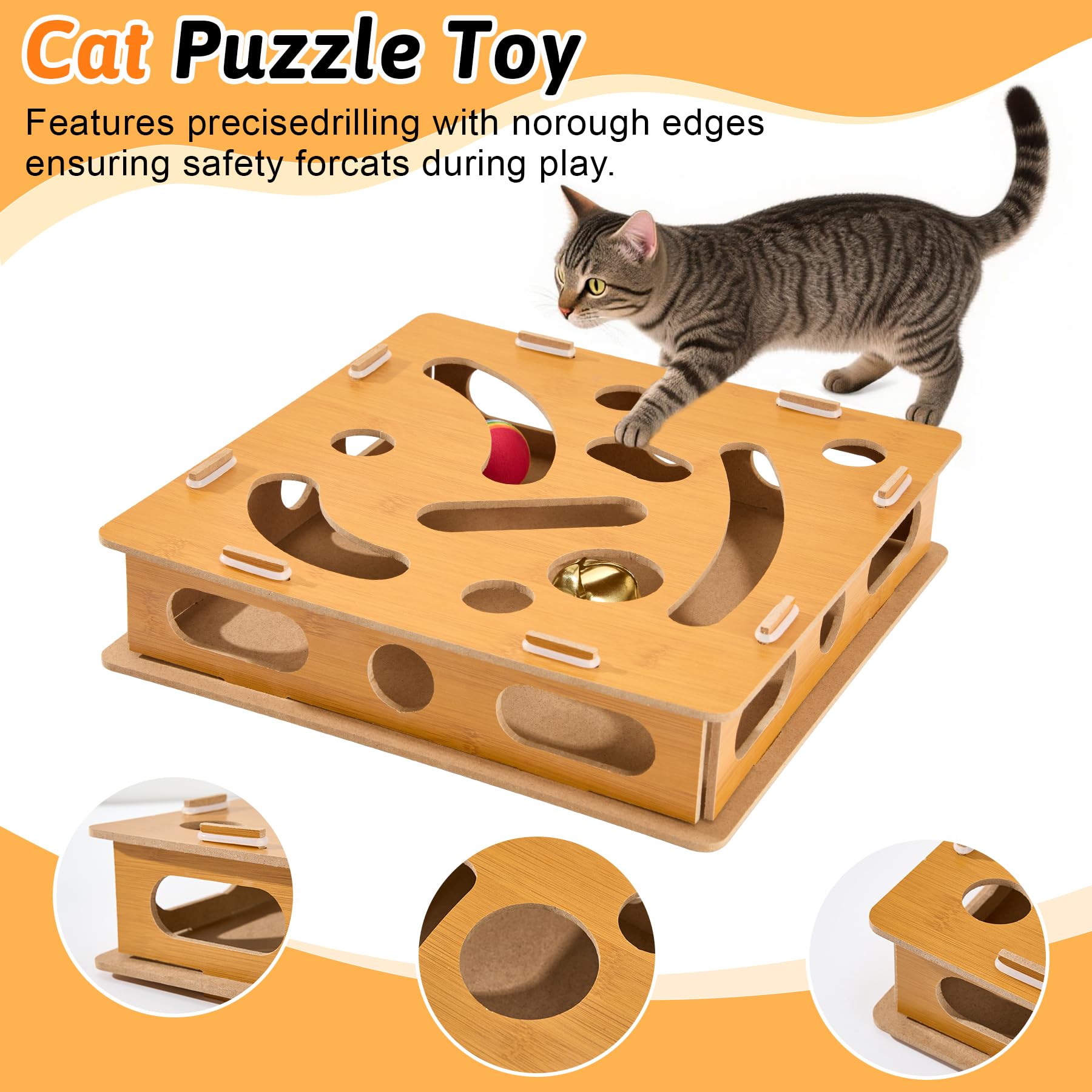 Bininl Interactive Wooden Cat Puzzle Toy with Ball and Bell,Indoor Hunting Play Toy to Stimulate Your Cats Energy and Instincts,