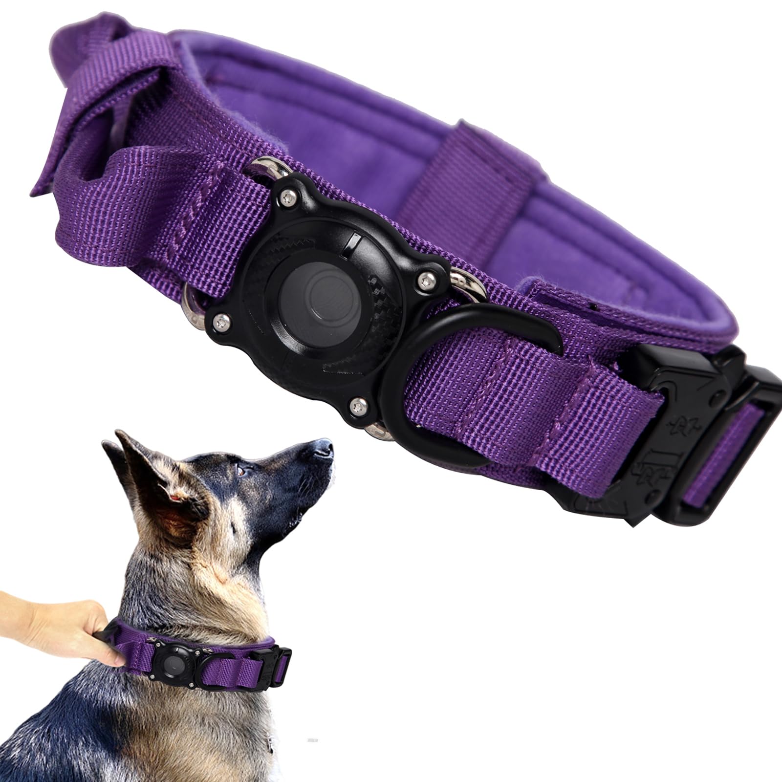 Xqpetlihai Tactical Dog Collar With Airtag Holder, Control Handle, Waterproof & Dustproof, Soft & Comfortable, Large, Purple