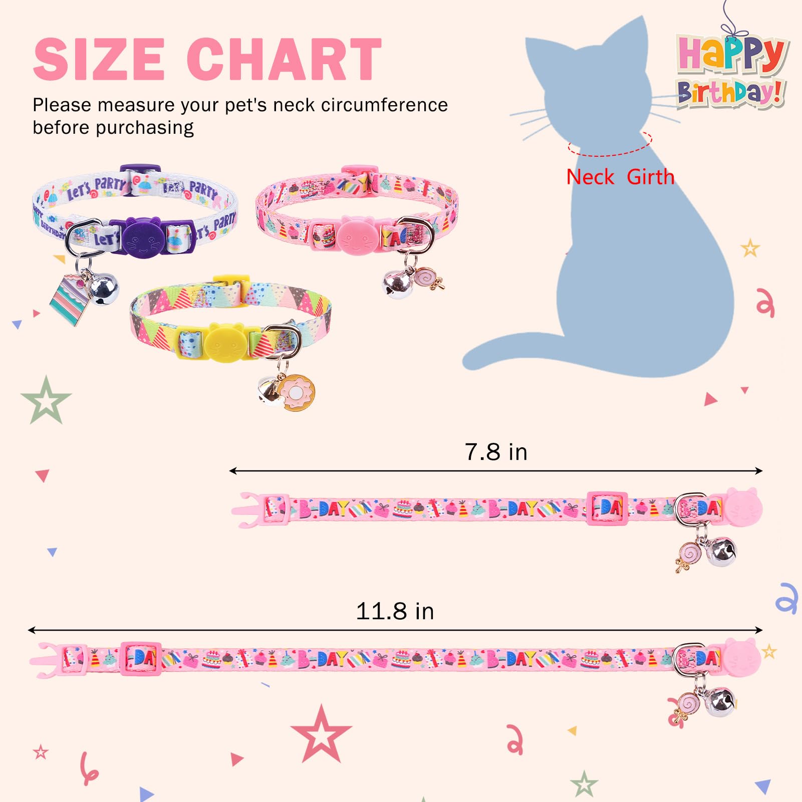 Scenereal Birthday Cat Collars Breakaway With Bells, 3 Pack Adjustable Cat Collars For Boy And Girl, Cute Cat Collar For Kitten