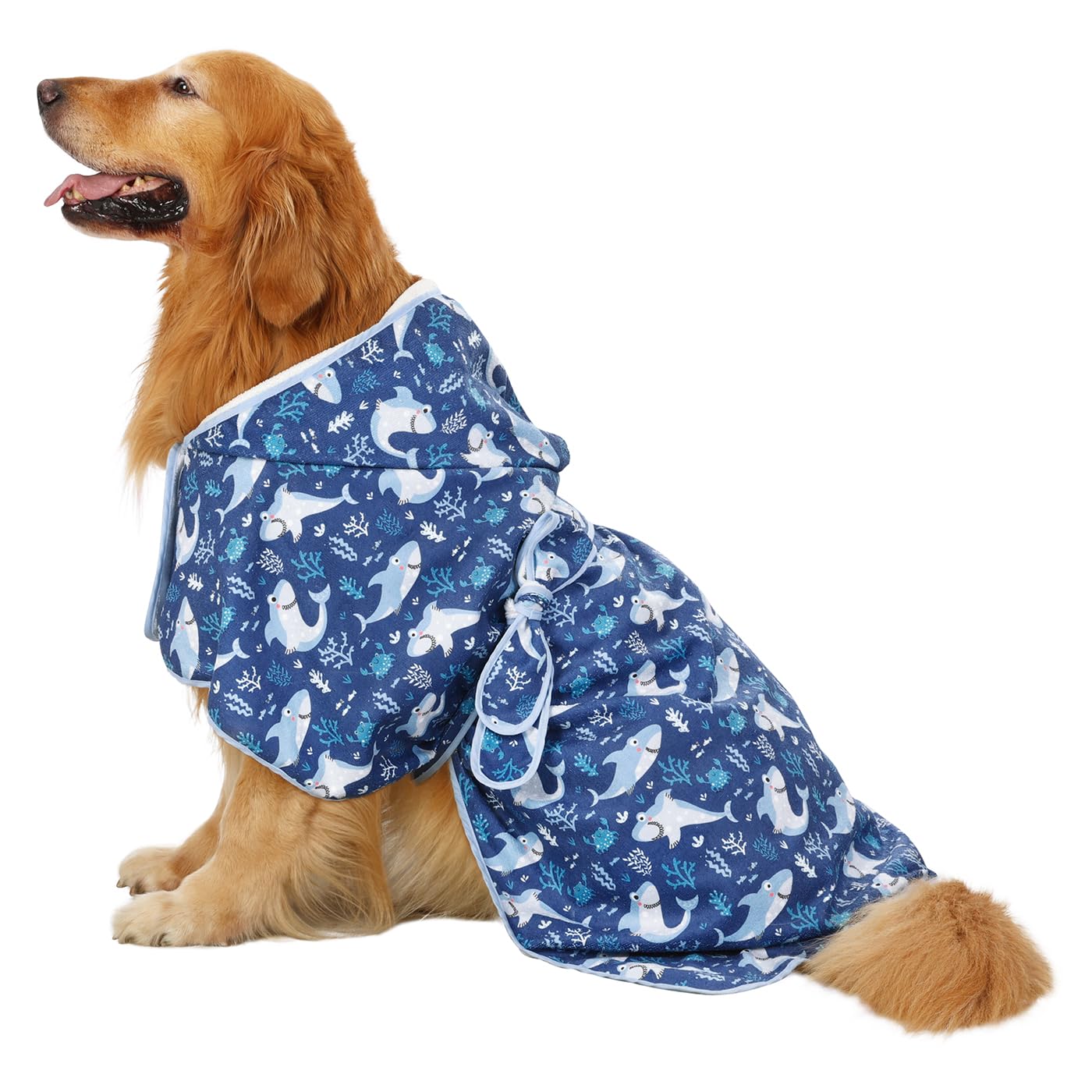 Hde Dog Bathrobe Super Absorbent Quick Drying Towel With Hood For All Dog Breeds Sizes S-Xxl - Sharks - L