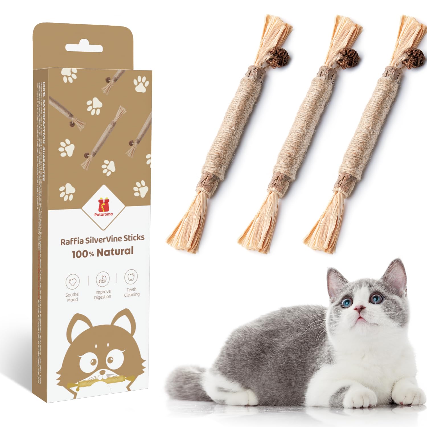 Potaroma 3 Pack Natural Silvervine Sticks Cat Toys, Catmint Silvervine Blend Sticks, Catnip Kittens Chew Toys Teeth Cleaning, Ma