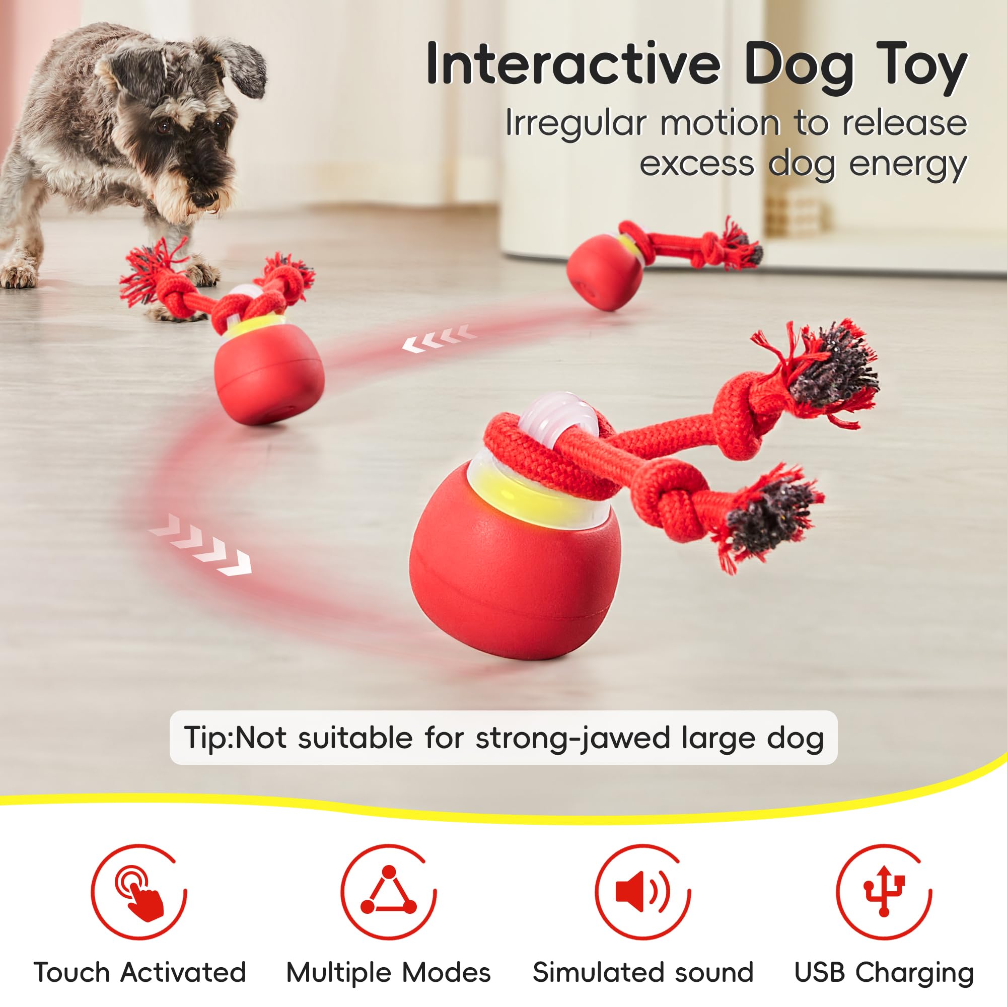 Potaroma Interactive Dog Ball Toys Touch Activated, Rechargeable, Squeaky Dog Toy, Moving Wicked Ball For Pup With Rope For Medi
