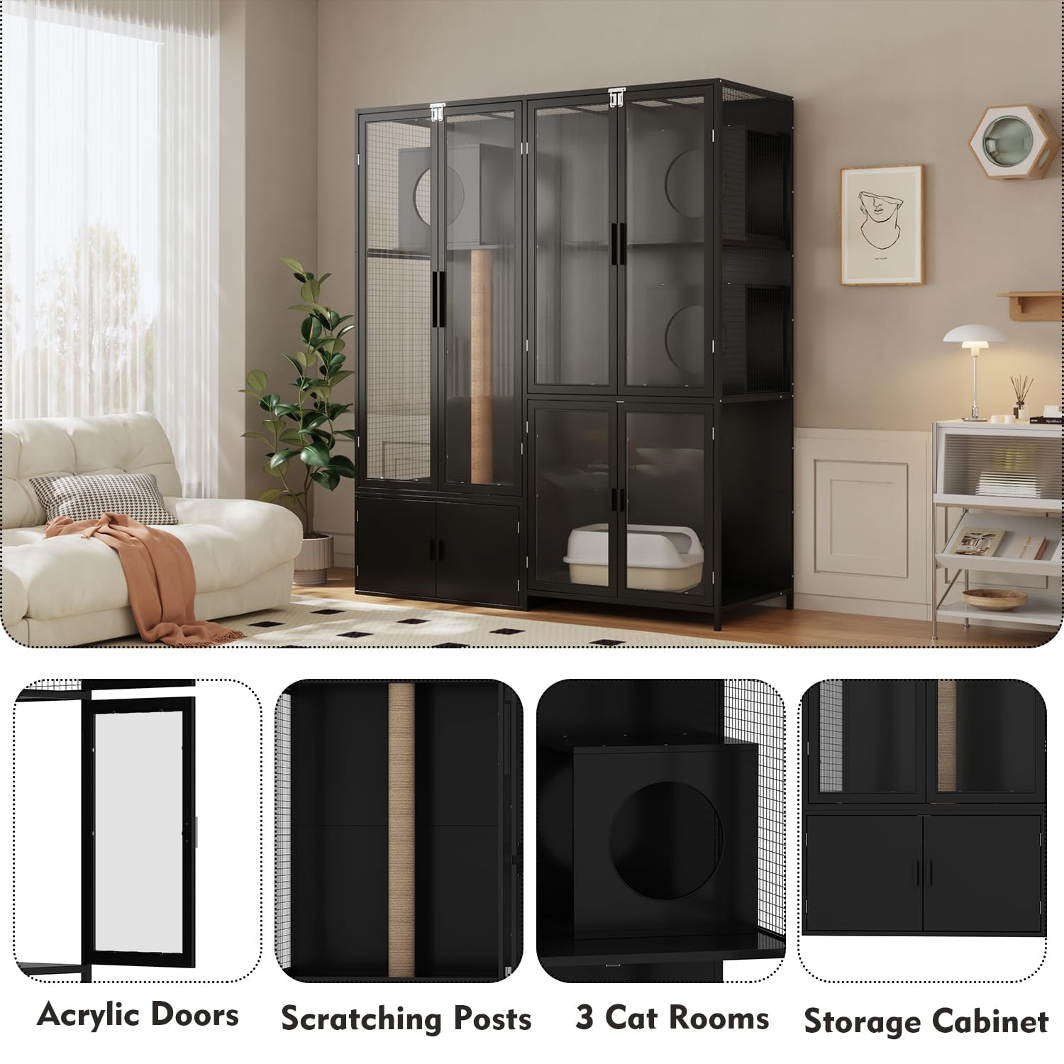 Dawnspaces 63 Cat Litter Box Enclosure, Extra Large Hidden Decorative Litterbox Cabinet Furniture With 3 Rooms, Acrylic Doors