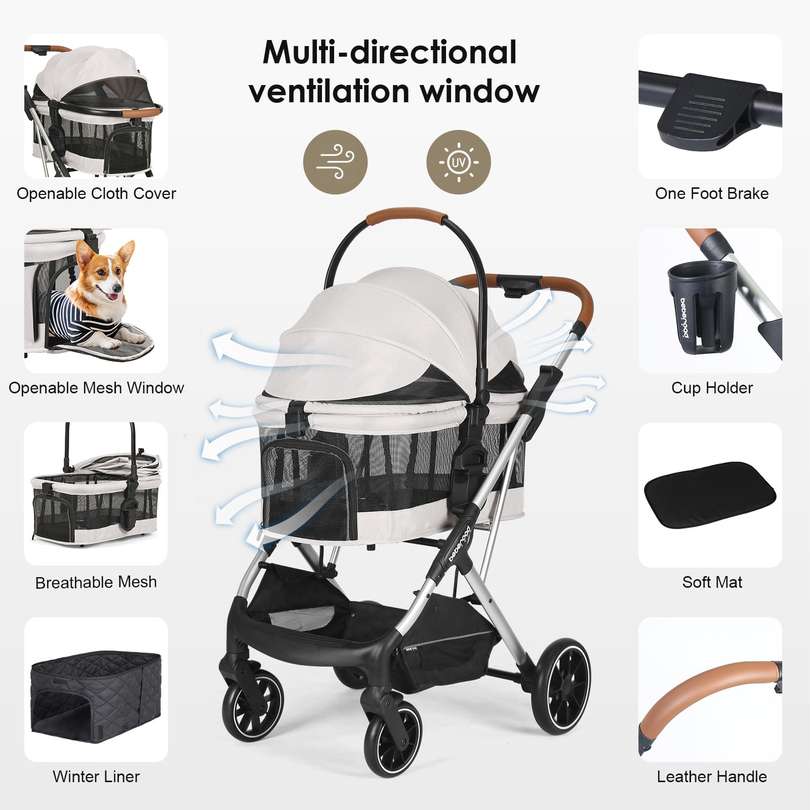 Beberoad Pets T6 Luxury Pet Stroller For Medium Dogs & Cats Under 66Lbs, 3-In-1 Dog Stroller With Detachable Carrier (Beige)
