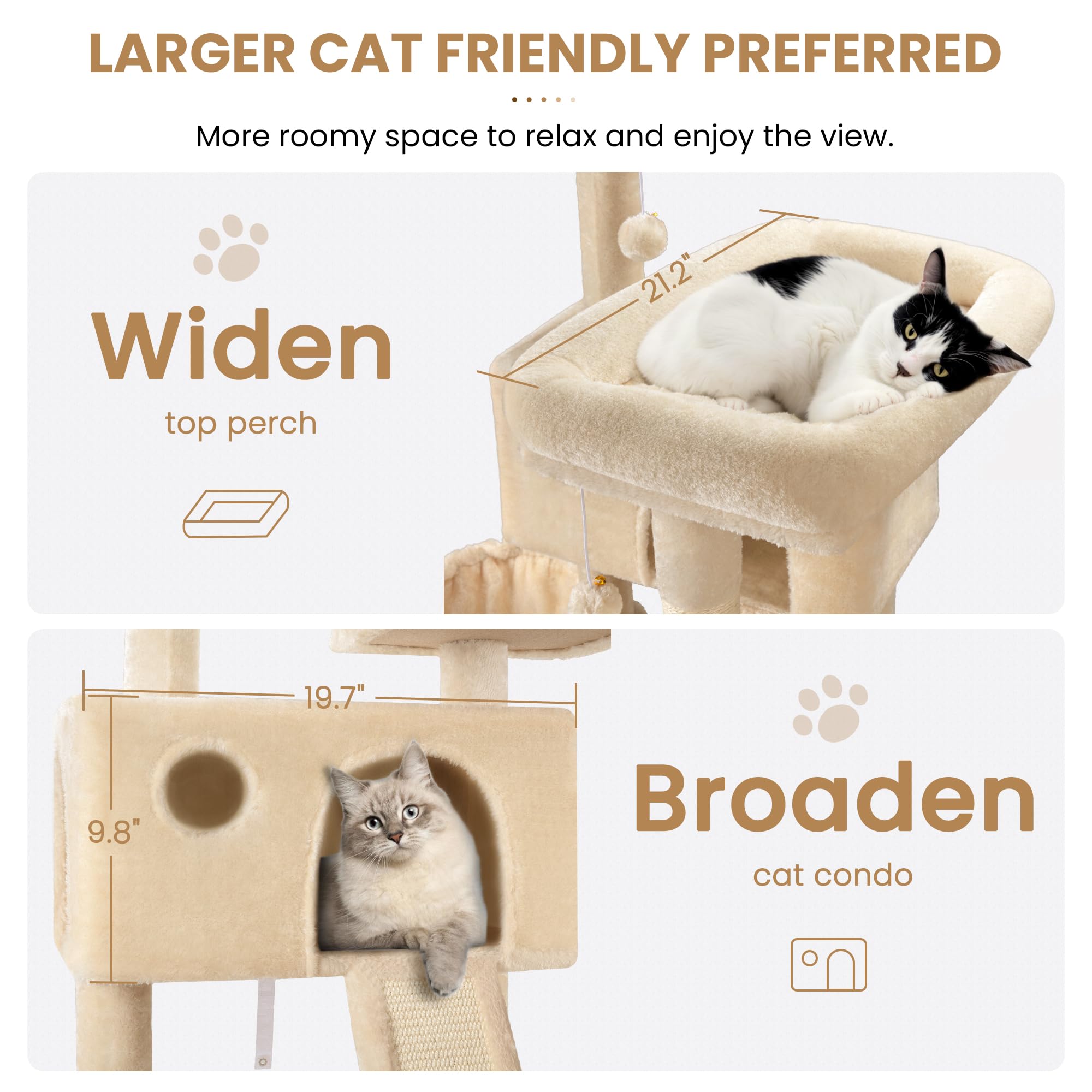 Sha Cerlin 65In Larger Cat Tree Tower Condo For Indoor Kitties/Multi-Level Furniture Activity Center With Wide Base/Cozy Plush Cat Perches/Baskets/Sisal Scratching Posts And Hammock/Beige