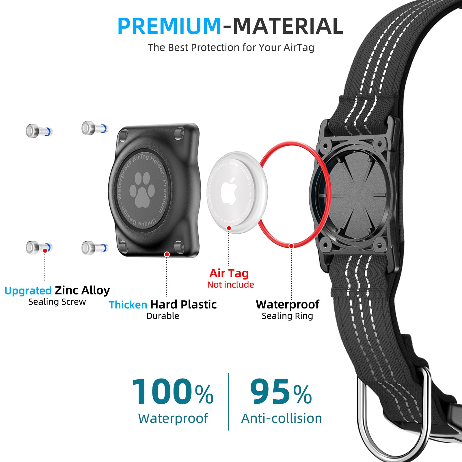 Upgraded Airtag Dog Collar, Ip68 Waterproof Air Tag Dog Collar Holder, Reflective, Ultra-Durable, Comfortable Padded, Heavy Duty Dog Collars For Small Medium Large Dogs (L (14.8'-20.3'), Black)