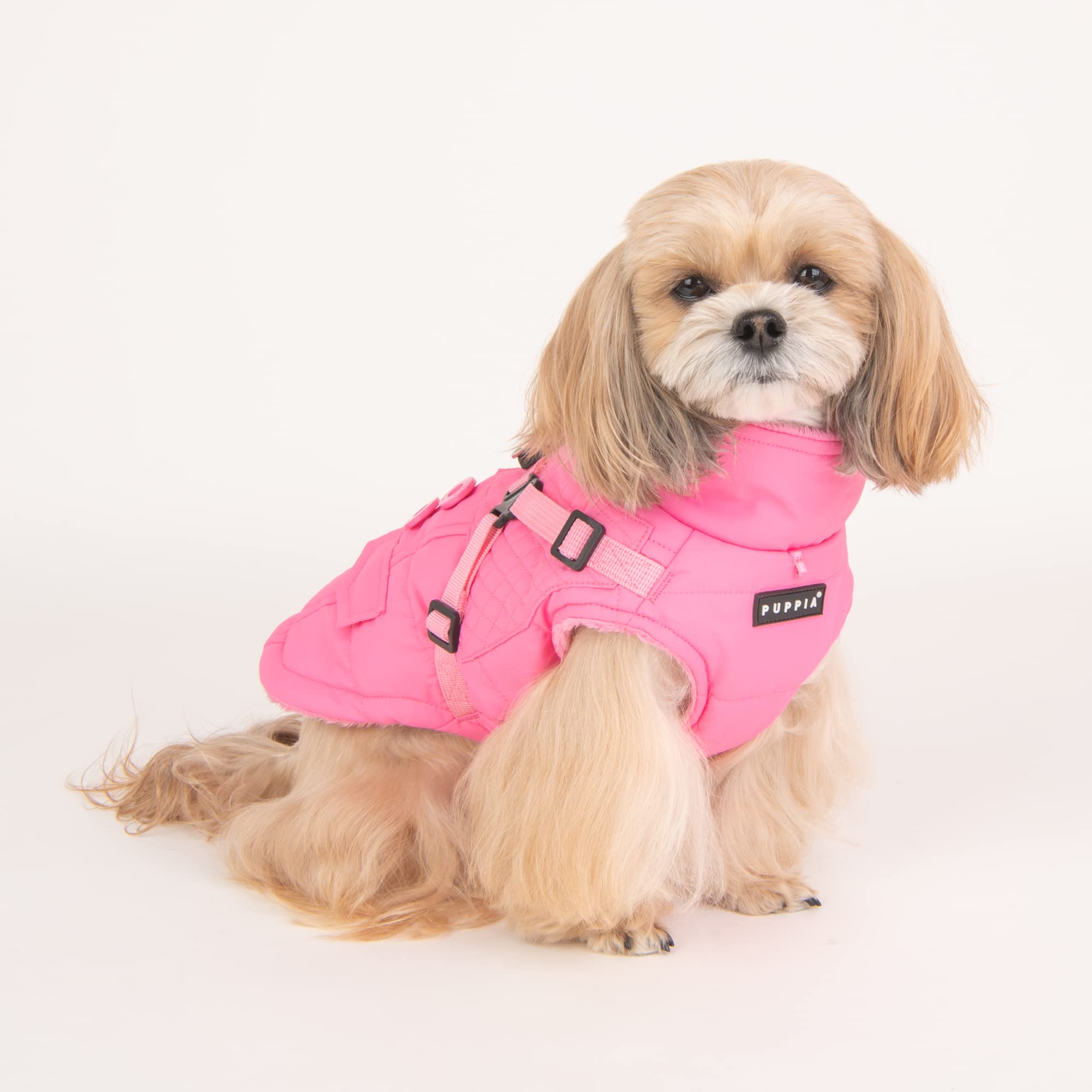 Puppia Wilkes Winter Dog Coat With Integrated Harness No Pull Cold Weather Waterproof Warm Fleece Back Zipper For Small & Medium Dog, Pink, Large