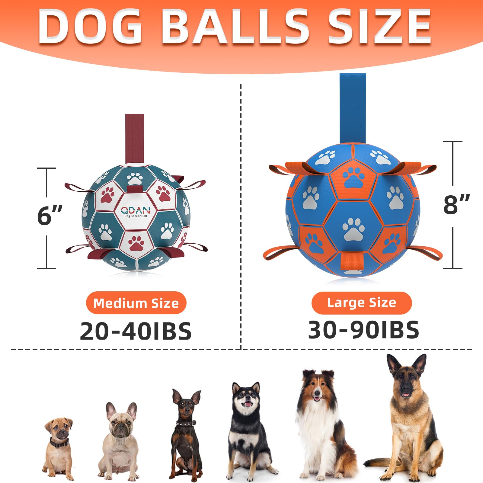QDAN Dog Tug Toy - Interactive Soccer Ball with Straps, Durable PU Leather, Large Size, Blue & Orange, Perfect for Tug of War and Water Play