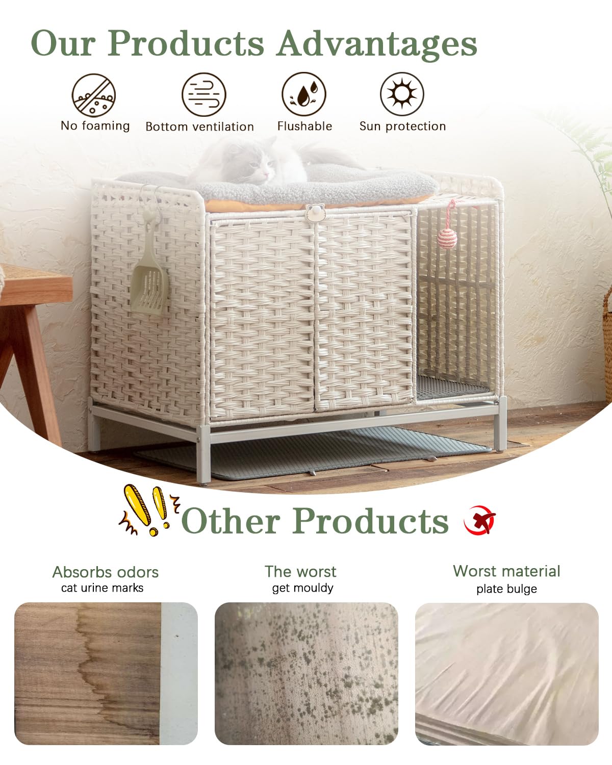 SETVSON Cat Litter Box Enclosure - Handwoven Rattan, 31.2" x 19.6" x 24.2", White, with Divider, Hidden Cat House for