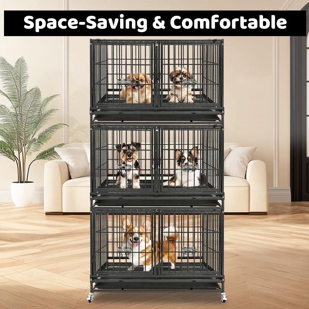 Homey Pet 2 Pack Three Tiers 43 inch Stackable Heavy Duty Dog Crate with Wheels, Indestructible Steel Dog Cage Kennel Indoor wit