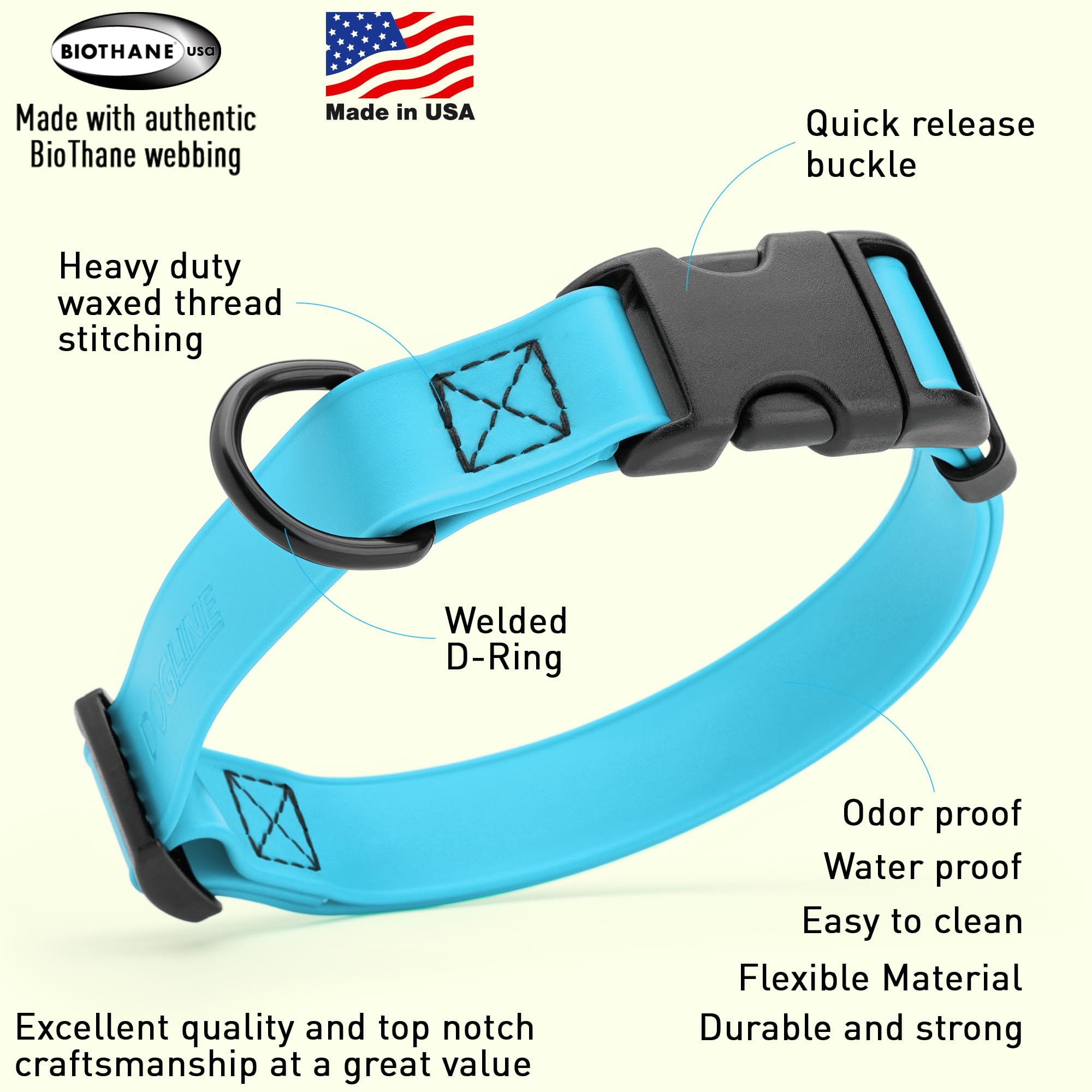 Dogline Biothane Waterproof Dog Collar with Quick Release Buckle Strong Coated Nylon Webbing with Odor- Proof for Easy Care Easy