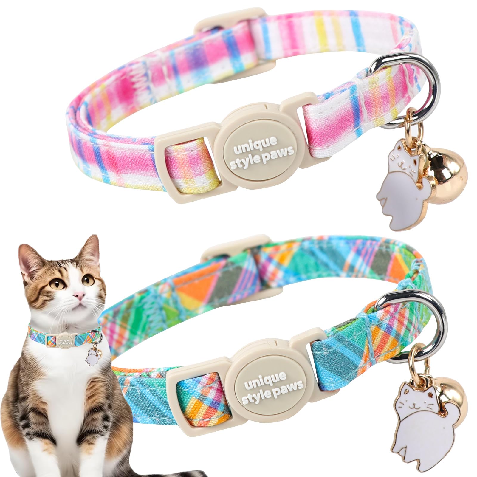 Unique Style Paws 2 Pack Easter Day Kitten Collar Breakaway With Bell&Pendant, Adjustable Safety Blue Pink Colorful Plaid Cat Co