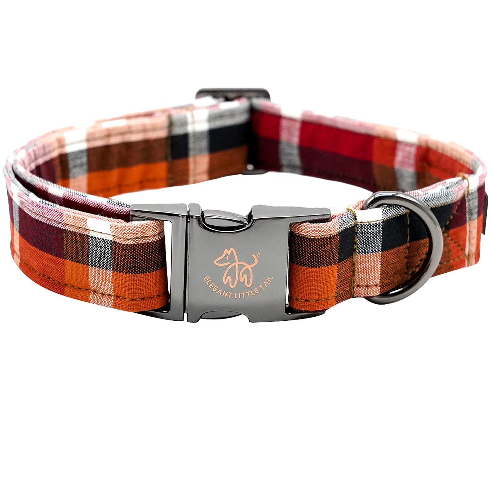 Elegant Little Tail Orange Plaid Cotton Dog Collar With Metal Buckle For X-Large Dogs