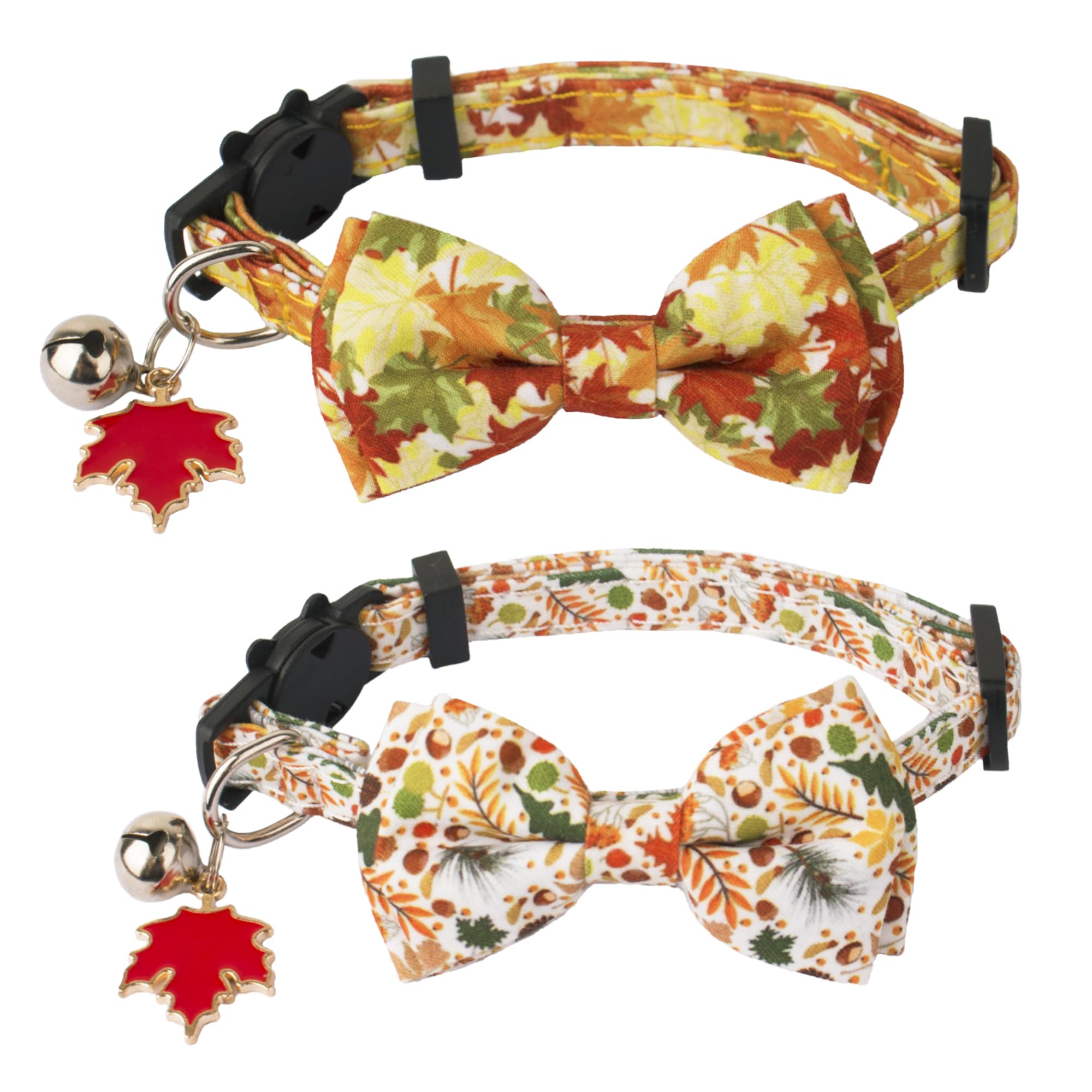 Adoggygo Fall Cat Collar With Removable Bow Tie Bell, 2 Pack Fall Leaves Thanksgiving Pet Bowtie Collar For Cats Kittens (7.5''-