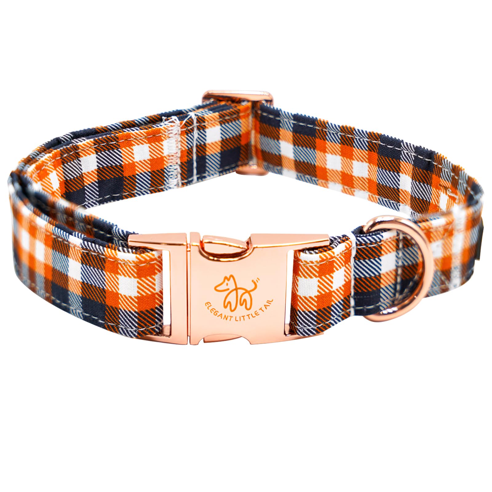 Elegant Little Tail Orange Plaid Cotton Dog Collar With Metal Buckle For Medium Dogs