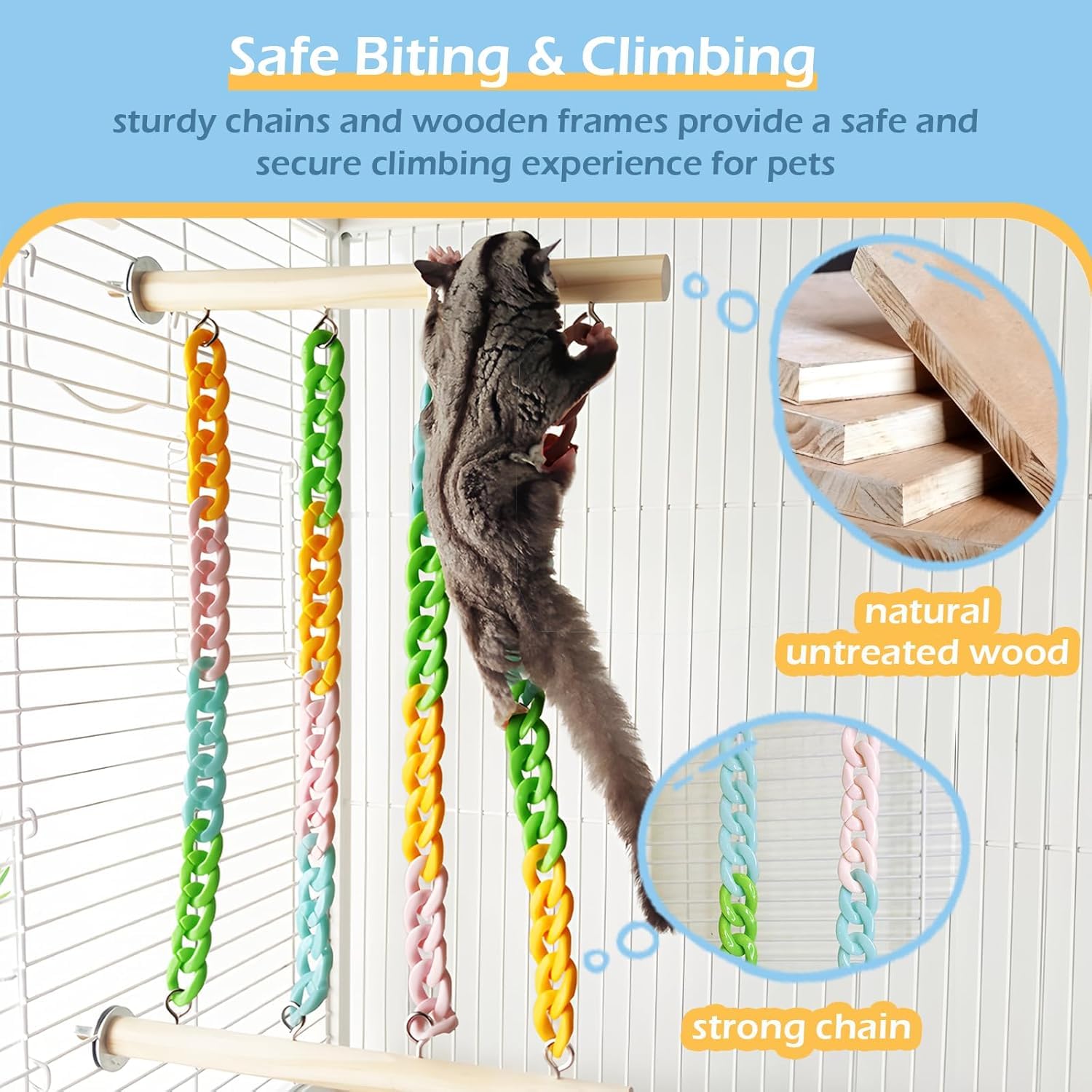 Jevnd Sugar Glider Climbing Toys, Natural Wood With Sturdy Colorful Chains Hanging Toys Sugar Glider Cage Accessories, Wobble-Fr