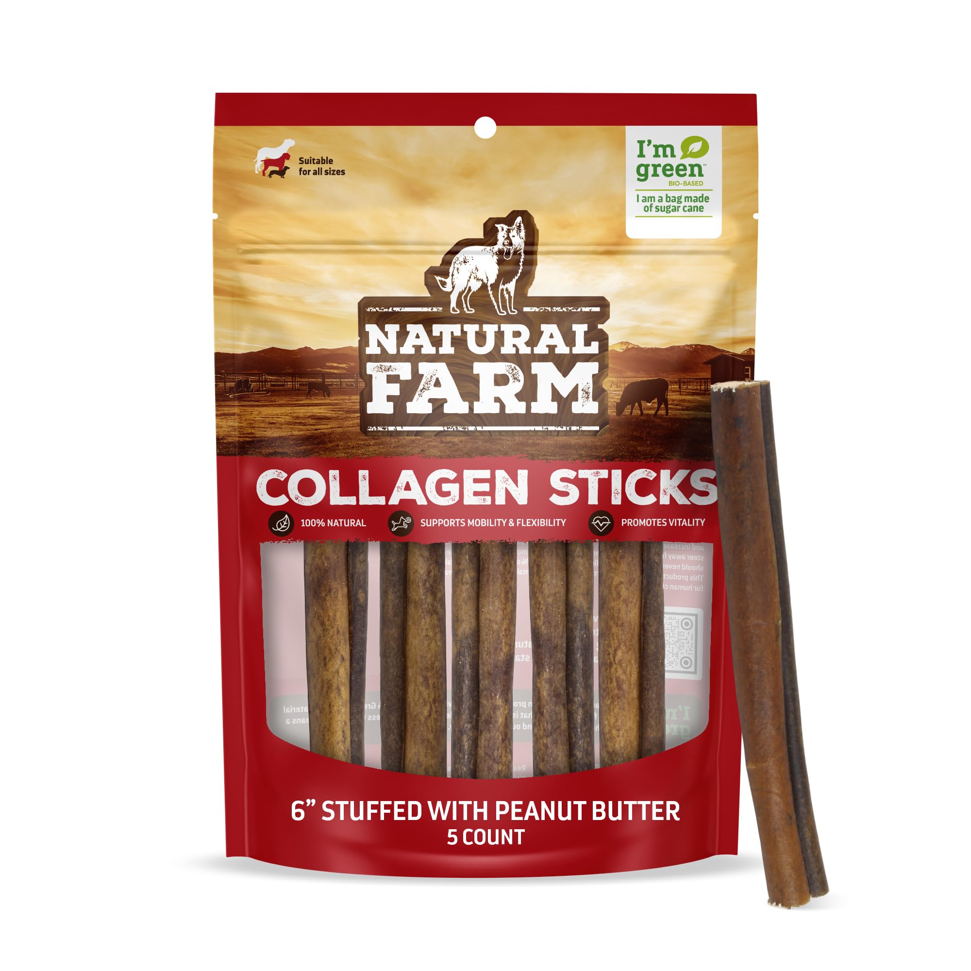 Natural Farm Peanut Butter Stuffed Collagen Sticks for Dogs (6 Inch, 5-Pack), Rawhide-Free Collagen Sticks, Natural Dog Chews, L
