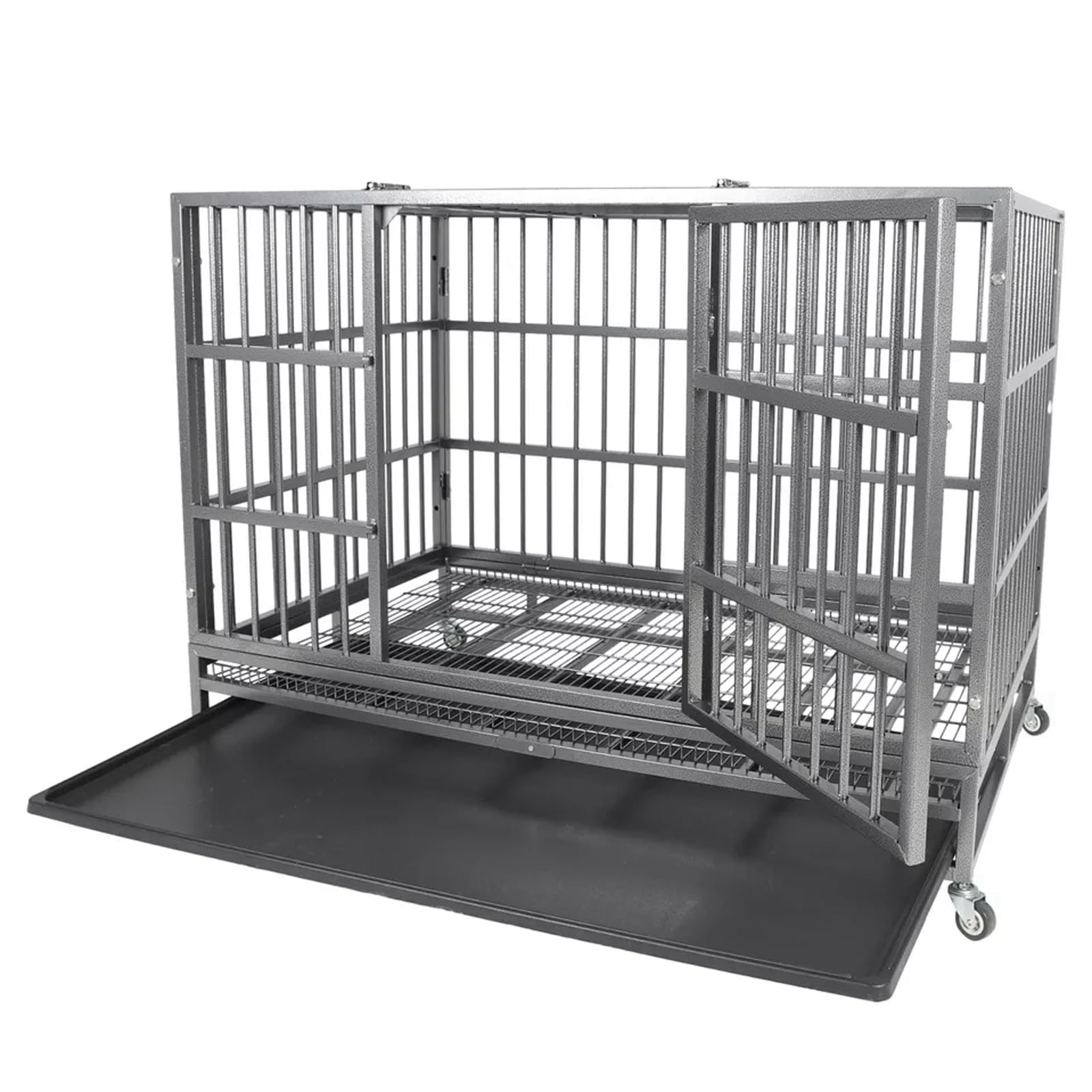 Indestructible Dog Crate Cage Kennel, 47 Inches, High Anxiety Dog Crate With Removable Trays, Wheels And Double Door, For Medium