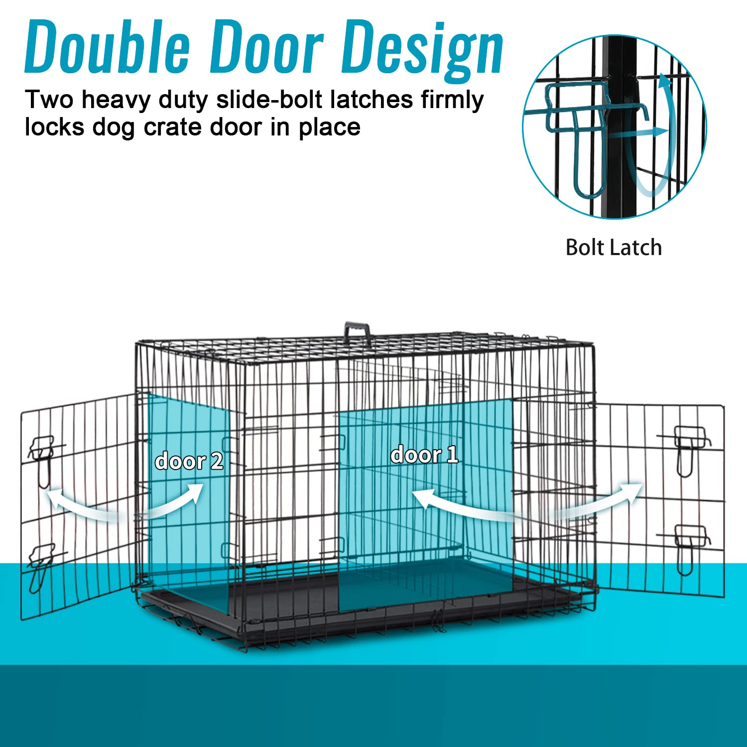 FDW Dog Crate for Small Dogs, 24" Folding Metal Wire Cage, Double Door, Black, with Divider Panel and Leak-Proof Tray
