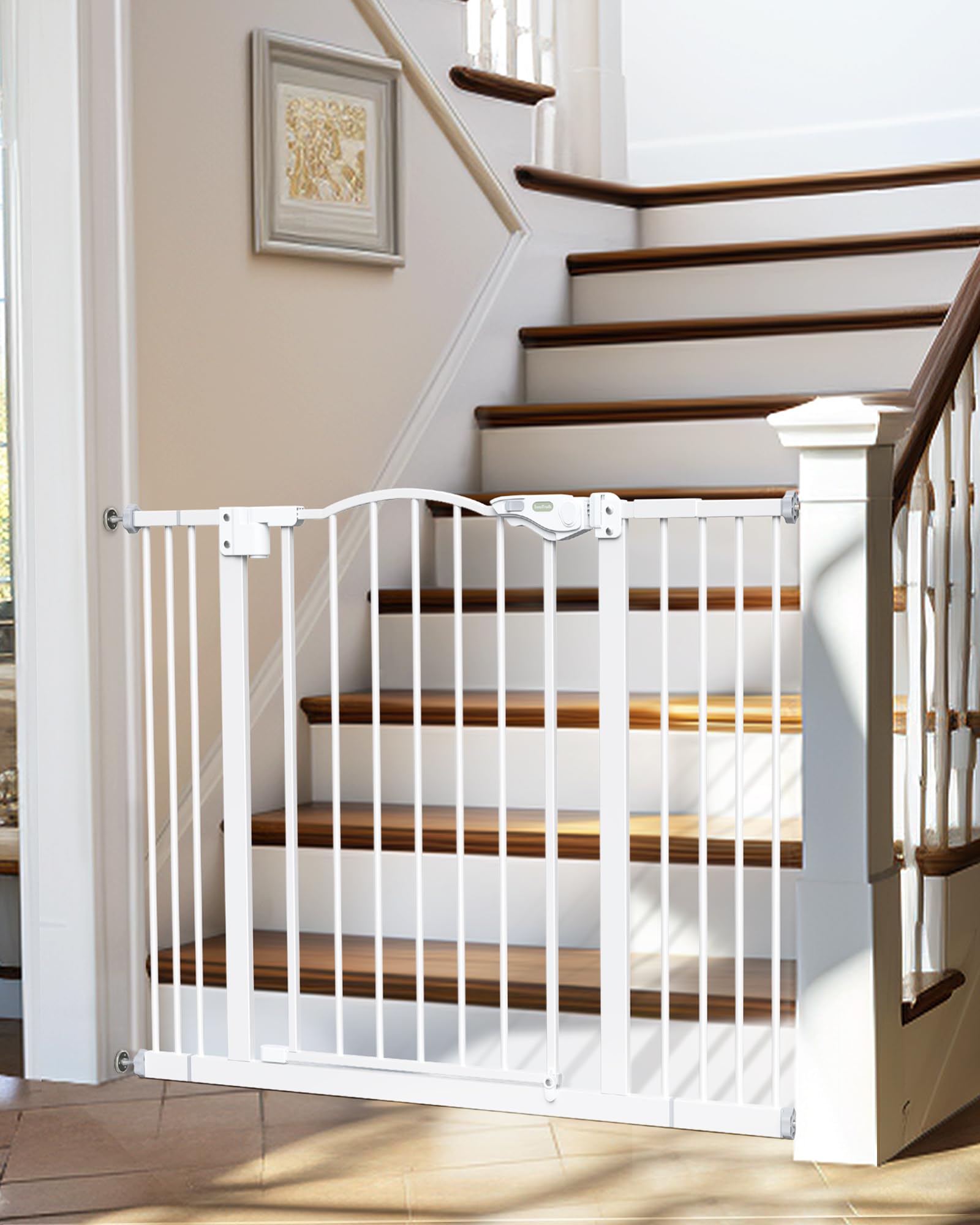 Innotruth 29-39.6' Baby Gate For Stairs, Auto Close Both Sides Dog Gate With One-Hand Opening, 30' Tall Safety Gates For Pets, Hallways, Bedrooms, Wall Pressure Mount No Drill, White