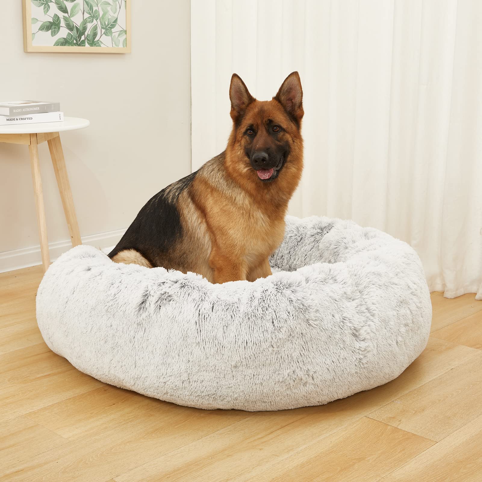 Bedfolks Calming Donut Dog Bed, Extra Large 45" Fluffy Plush, Light Grey, Anti-Anxiety, Washable with Non-Slip Bottom