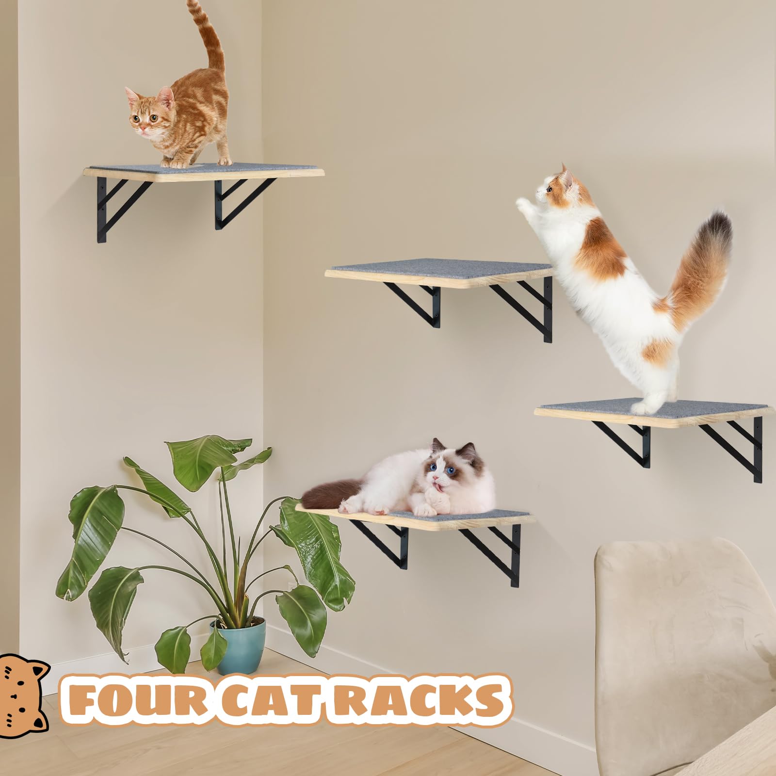 Cat Wall Shelves Set Of 4, Wood Cat Shelves For Wall, Cat Wall Bed Hammock With Scratching Pad, Cat Climbing Shelf For Sleeping