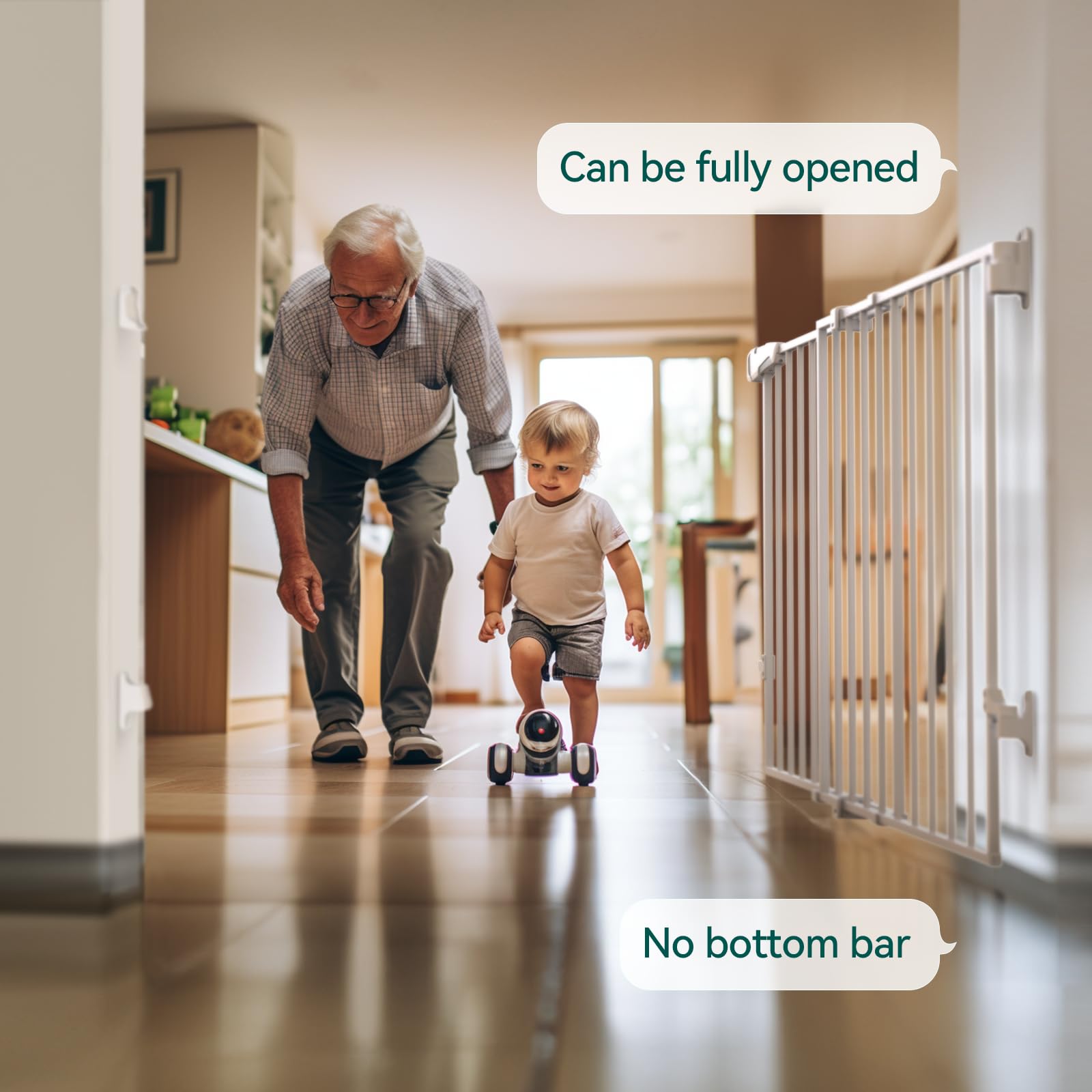 Babelio 31.5-55' No Bottom Bar Baby Gate Extra Wide, 2-In-1 Auto Close Dog Gate For The House, Stairs And Doorways, With Large Walk Thru Door, White