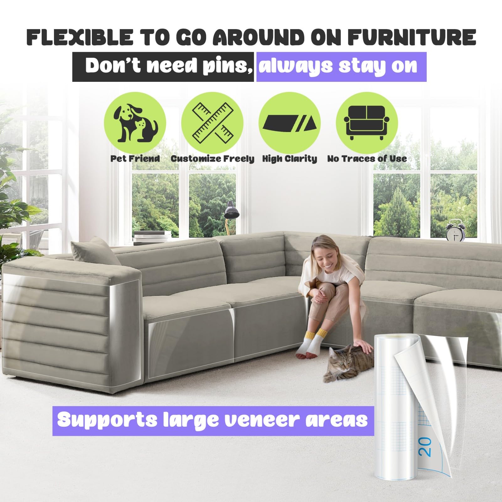 Jinvogreen Cat Scratch Furniture Protector, 196.8'' X 11.8'' Couch Protector From Cat Claws, Thickened Transparent Self-Adhesive