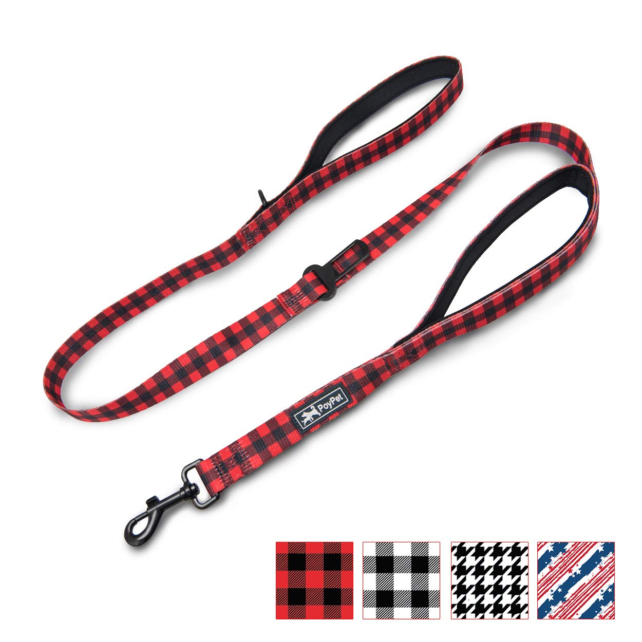 Poypet 5 Feet Dog Leash - 2 Cushioned Handles - Functional Car Seat Belt - Fashionable Pattern, Buffalo Plaid(Checkered Red, L)