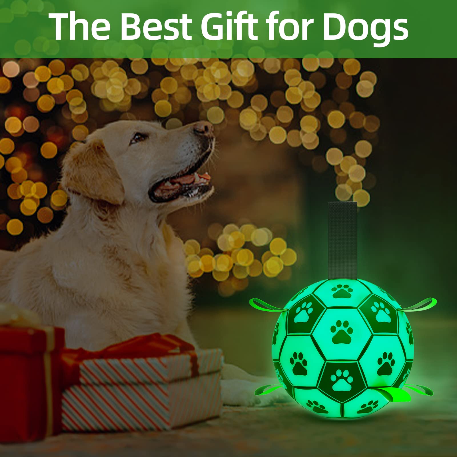 Qdan Glow In The Dark Dog Toys Soccer Ball With Straps - Light Up Dog Balls For Large Dogs, Interactive Dog Toys With Strap For Tug Of War,Puppy Birthday Gifts (8 Inch)