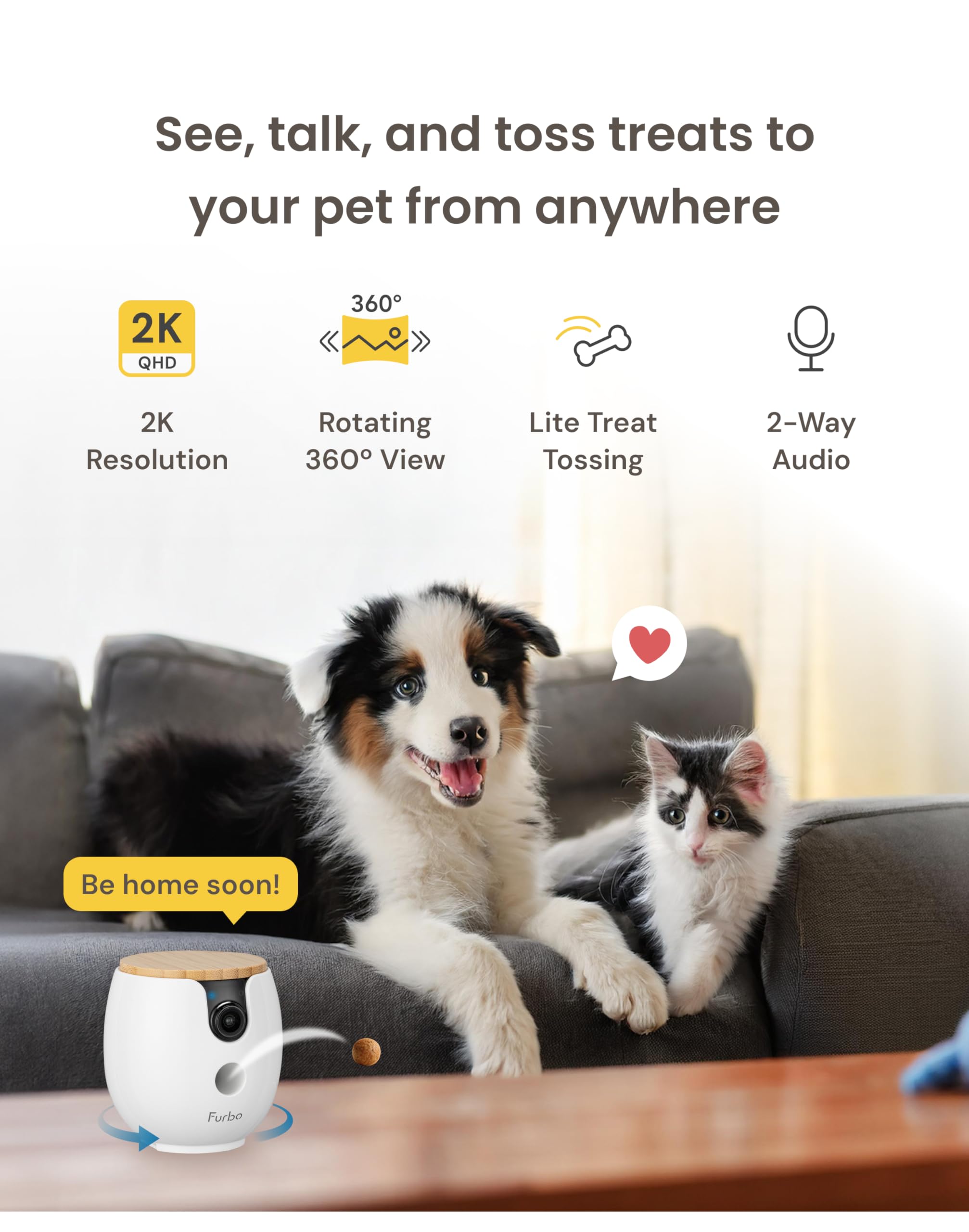 Furbo Mini 360 [New] 2K QHD Pet Camera: Dog & Cat Rotating Treat Dispenser w/Phone App, Smart Indoor Cam with 2-Way Speaker & Ni