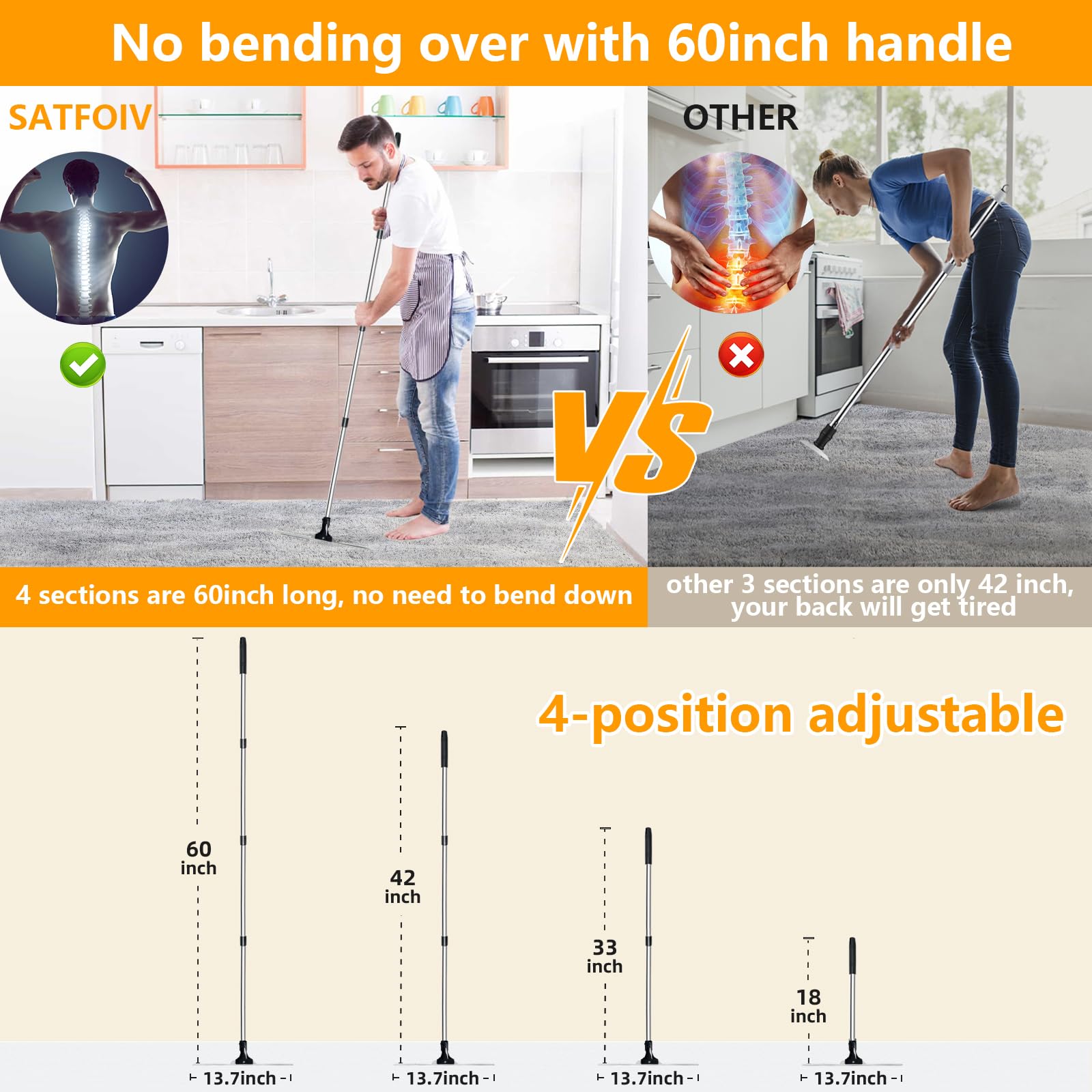 Professional 13.7    Carpet Pet Hair Removal Tool,3 Scraper Carpet Rake For Dog Cat,Lengthen 60    Adjustable Handle With Extra
