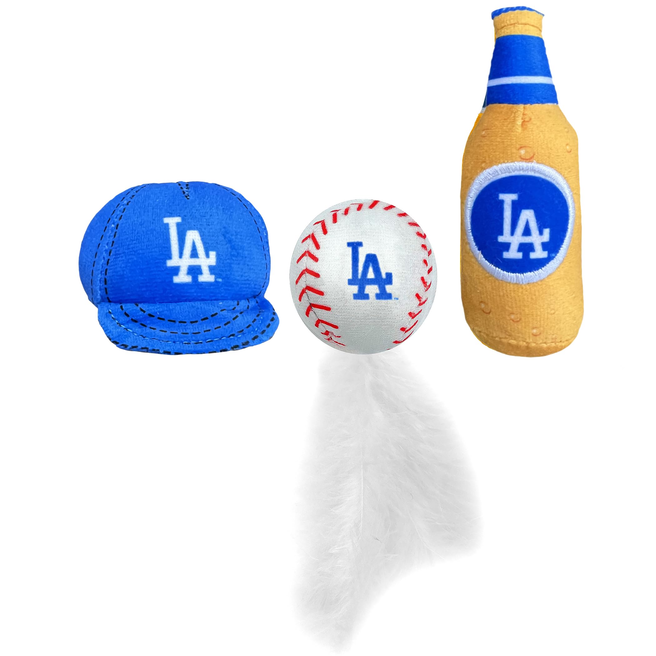 Pets First Plush Cat Toy Set - MLB Los Angeles Dodgers, 3-Piece Catnip Toys (Cap, Baseball, Beer Bottle)