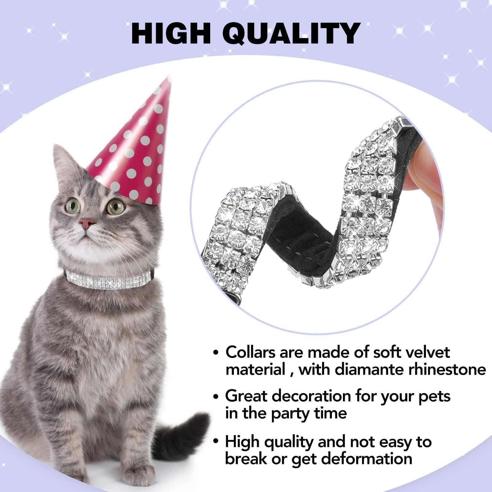 Bingpet Diamond Cat Collar, Adjustable Soft Velvet Leather Safe Kitten Collar With Shiny Rhinestones And Bells, Girl Boy Bling Stylish Cat Collars With Safety Elastic For Small Medium Cats,Black