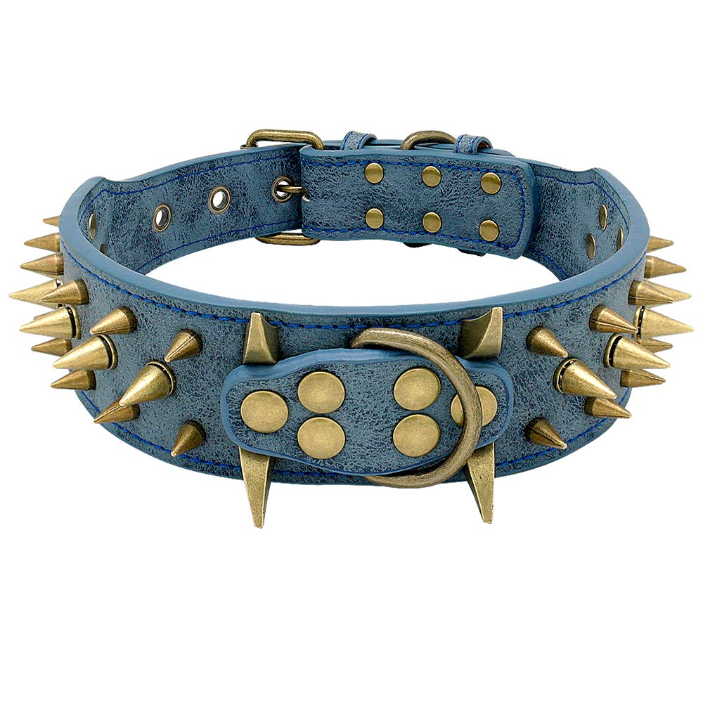 Berry Pet 2' Spiked Leather Dog Collar - Anti-Bite Sharp Rivet Studded For Pit Bull Medium Large Dogs,Blue Neck For 18.5-23.5' Total Length 25.5'