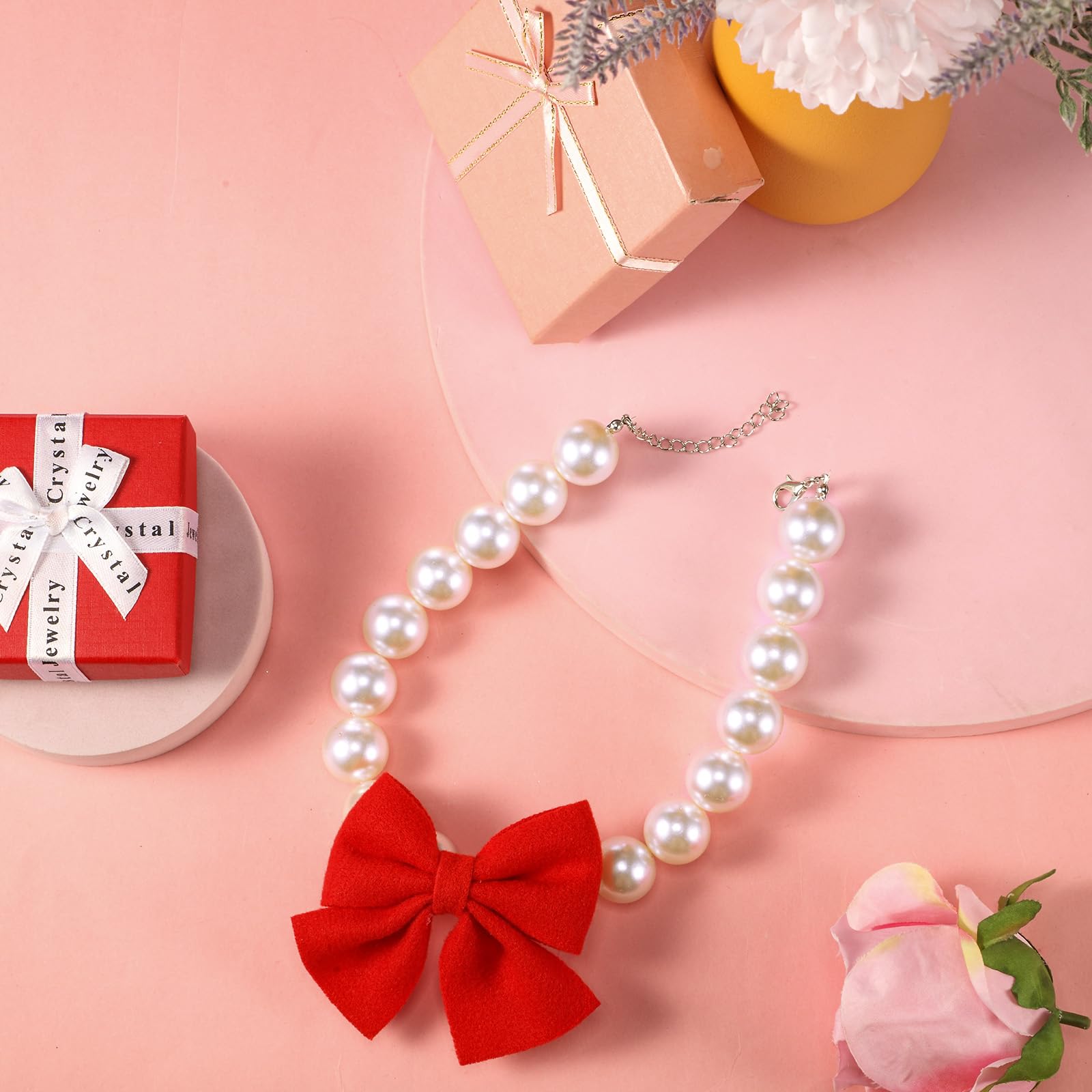 Leifide Chunky Pearl Dog Necklace With Red Bow 20Mm Large Bead Big Pearl Puppy Collar Collar Adjustable Necklace Jewellery Acces