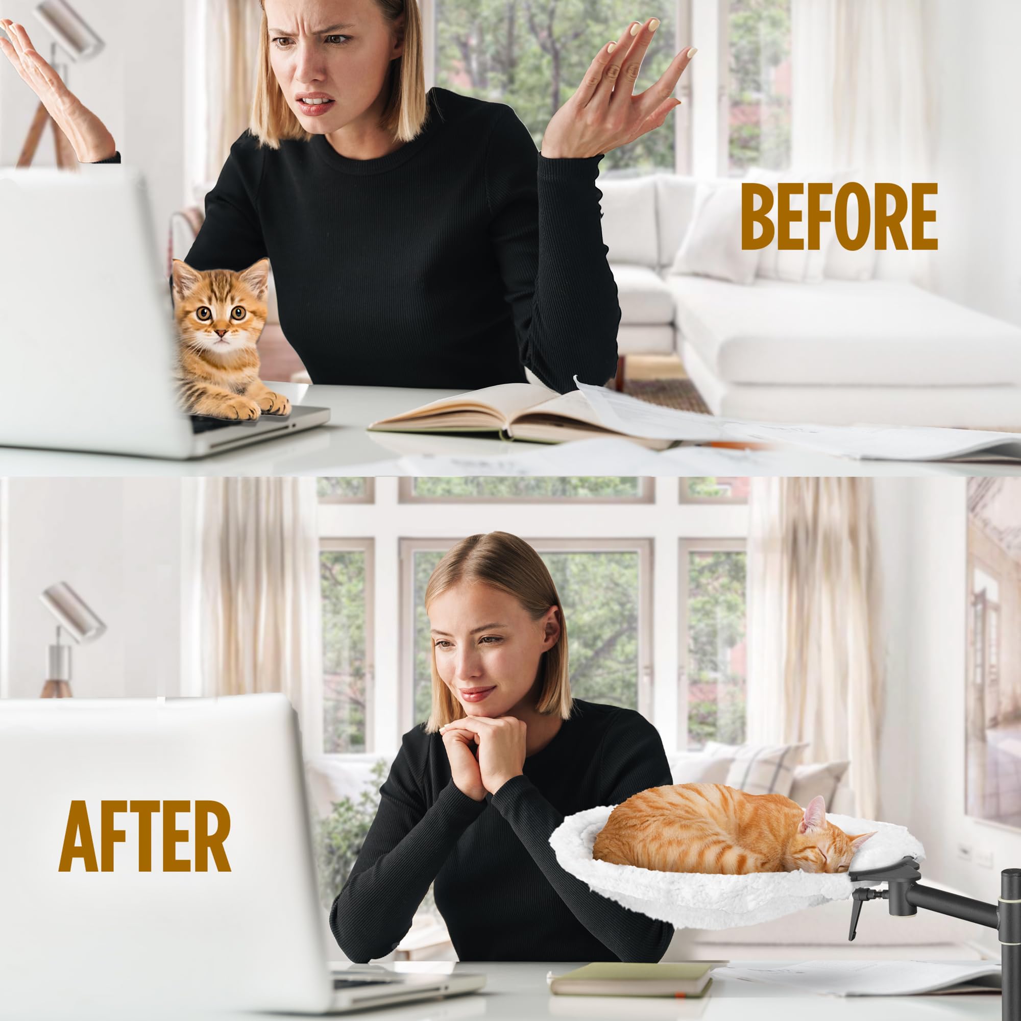 EVOMOTIVE Cat Desk Perch with Catnip Fish Toy, 360° Rotating, Height Adjustable, Plush & Mesh, Standard Size, White, Model 004