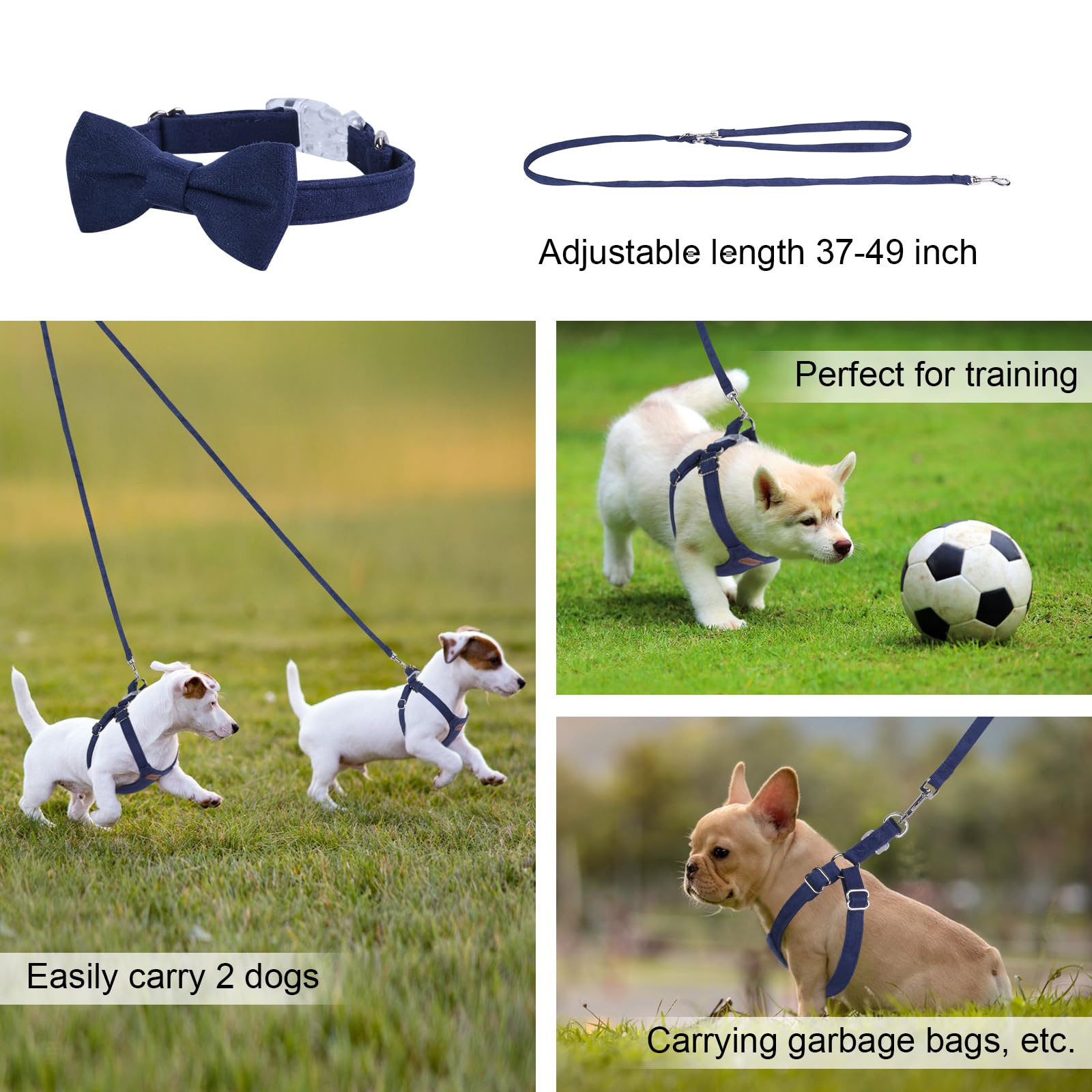 Dog Harness And Leash Set, Xs No Pull Adjustable Puppy Harness With Multifunction Denim Blue Dog Leash And Collar, Soft No Choke
