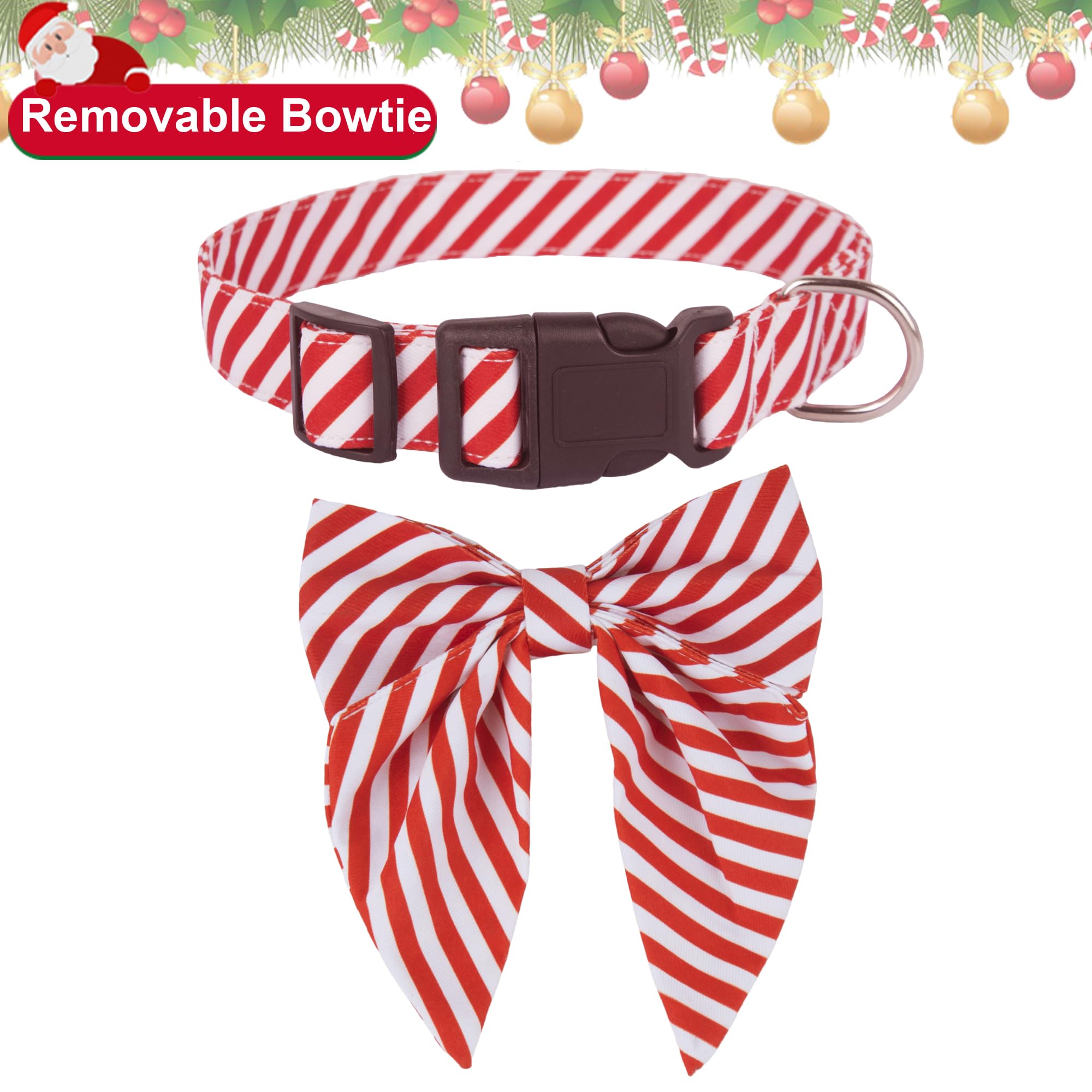 Adoggygo Christmas Dog Collar With Bow, Adjustable Cotton Stripe Bowtie Dog Christmas Collars For Small Medium Large Dogs Pets (Medium, Red & White)