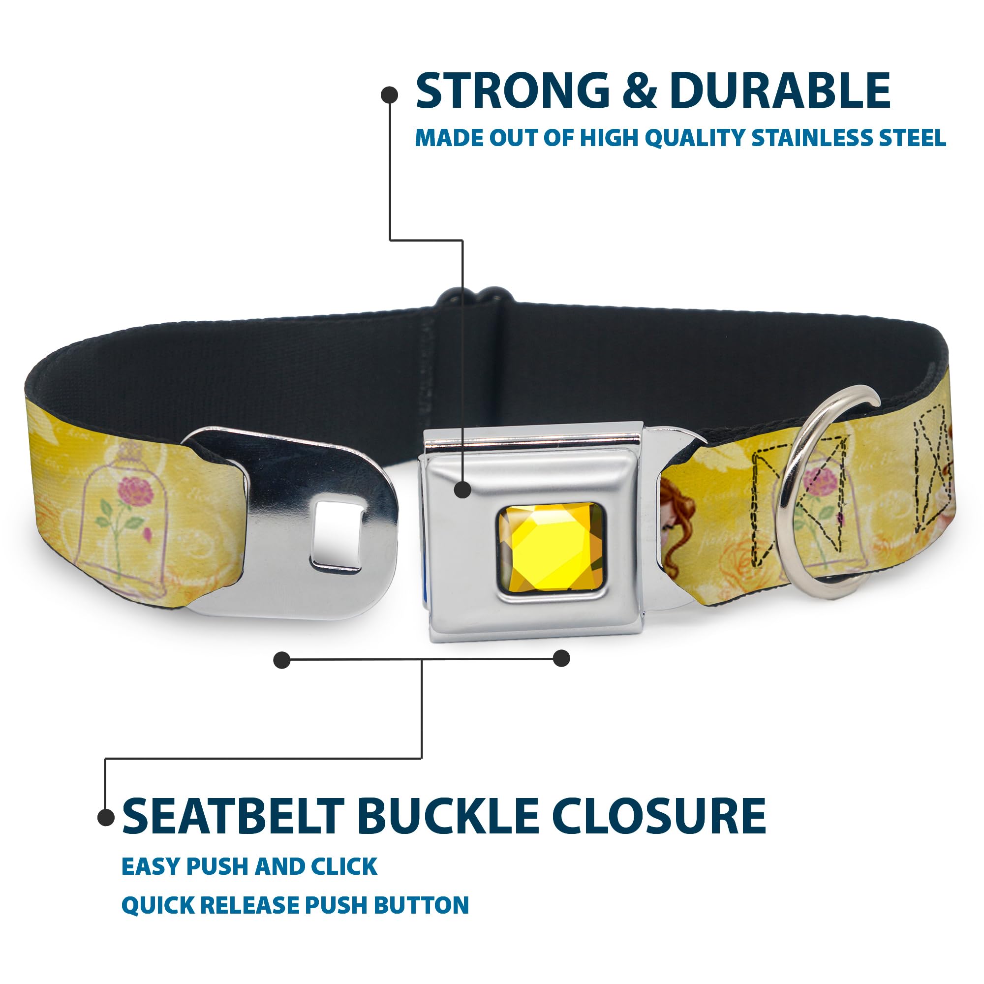 Buckle-Down Seatbelt Buckle Dog Collar - Belle Poses/Enchanted Rose/Story Script Yellow/Pinks - 1'' Wide - Fits 9-15'' Neck - Sm