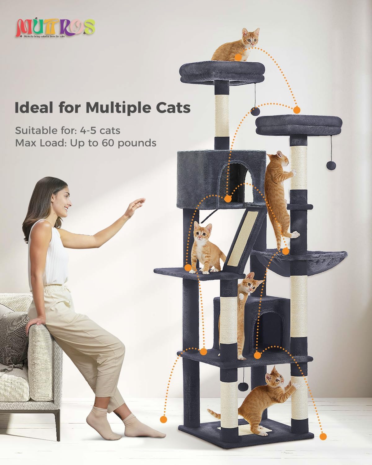 Muttros Tall Cat Tree 70.9''- Cat Tower With 6 Scratching Posts, Multi-Level Cat Climbing Tower With 2 Cat Condo, 2 Scratching B