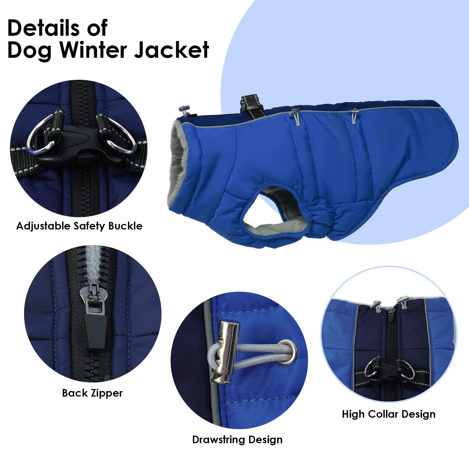 IKIPUKO Small Dog Coat - Winter Jacket, Warm Zip Up Snowsuit, Reflective, Water-Resistant, Royal-Blue