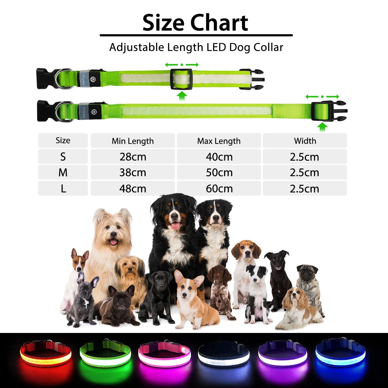 PcEoTllar LED Light Up Dog Collar - Rechargeable, Color Changing, Waterproof, L(19-23.6 inch), Green, Model DC5200RGB