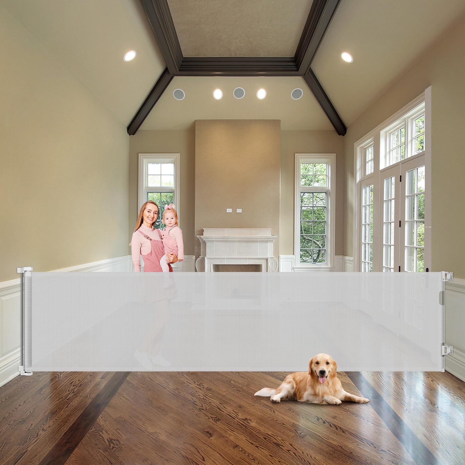WOMHOM 100 Inch Extra Long Retractable Dog Gate - Extra Wide Baby & Toddler Gate, Light Grey