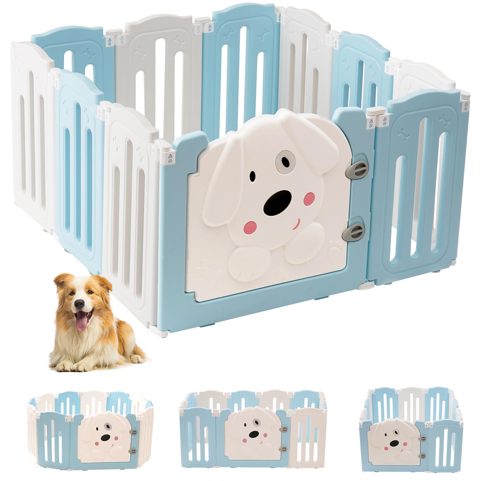 Aoole Foldable Dog Play Pen Indoors, Non-Slip Sturdy Puppy Playpen With Door, 25.5 H 10-Panel Adjustable Shape Dog Fence Pen F
