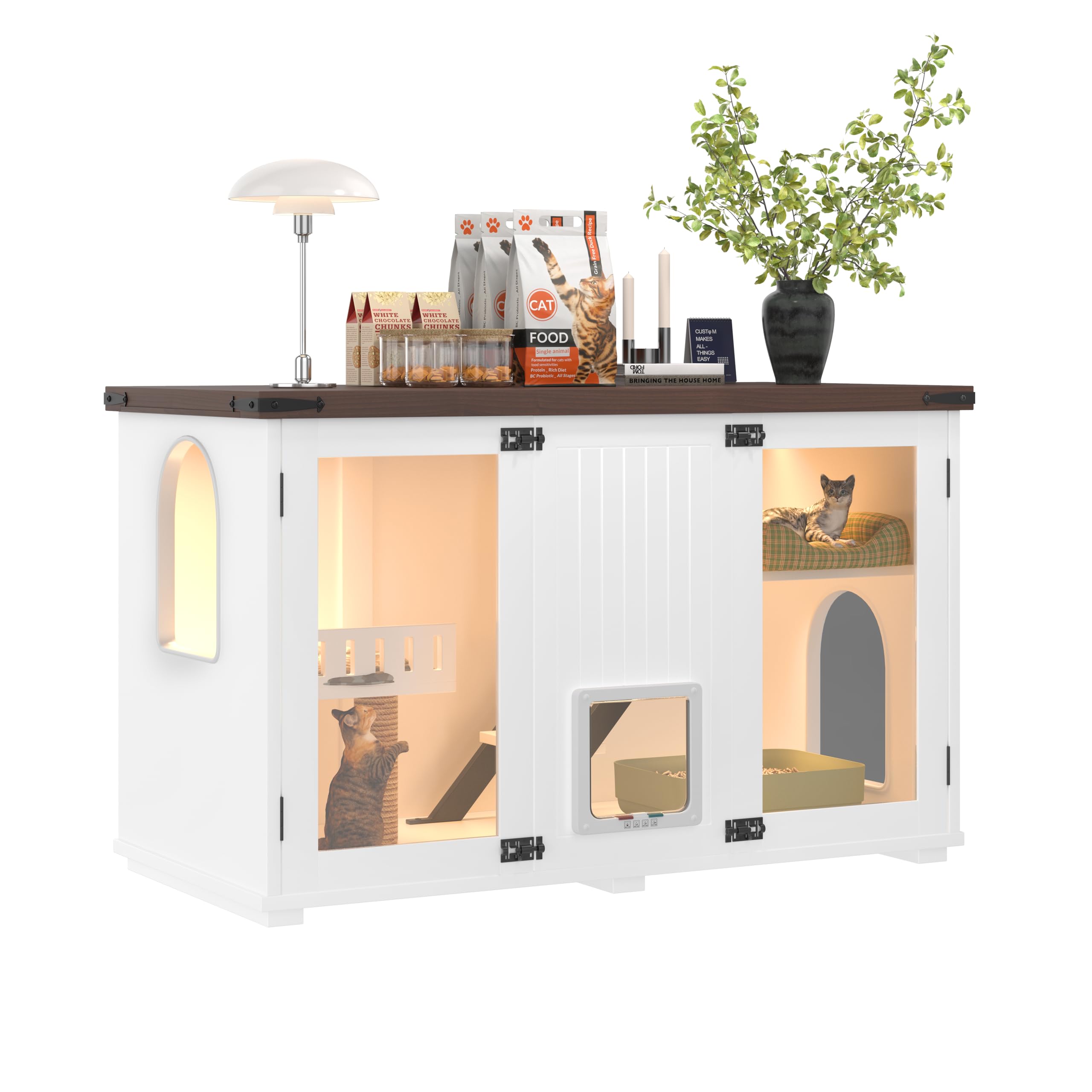47.25 Inch Multi-Functional Hidden Cat Litter Box Enclosure with Smart Door & LED Light, Modern Cat House with Scratching Post &
